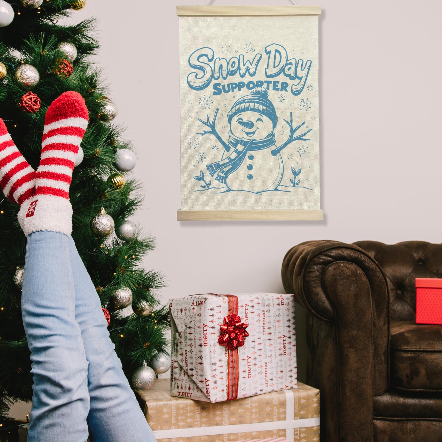NQDWX Cute Snowman Snow Day Supporter Wall Art Sign, Canvas Hanging Wall Flag Poster Hanger Frame for Christmas Winter Holiday Home Bedroom Office 12x17 Inches.(216)