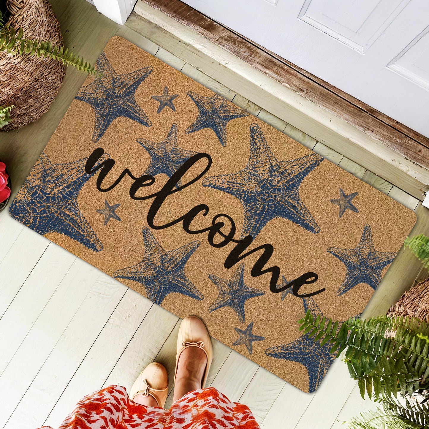 GUULIJEEMIY Coastal Starfish Door Mat, Nautical Blue Starfish Welcome Front Door Mat Rug Outdoor Indoor Entrance, Beachy Ocean Artificial Coir Doormat for Beach House Porch Patio Entry, 30x17 Inch
