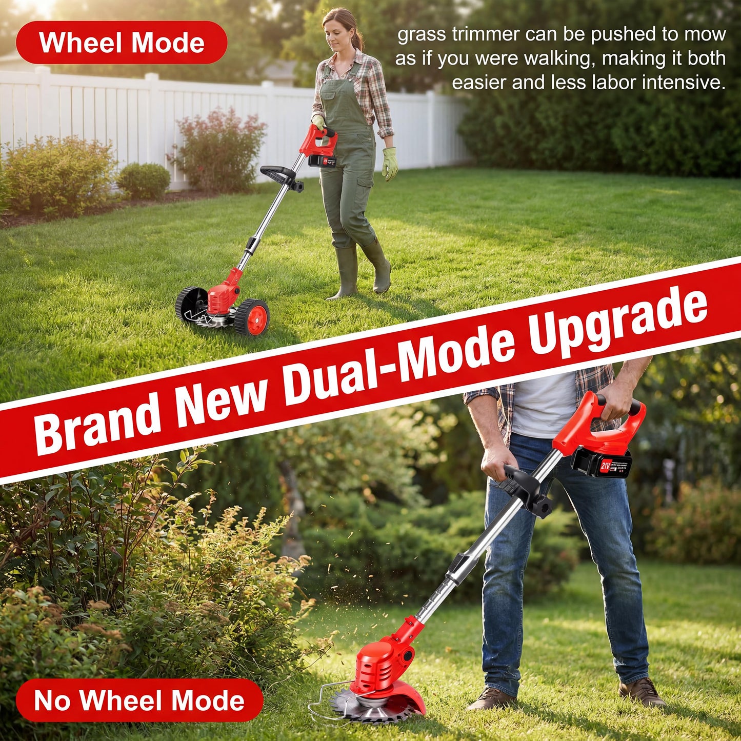 21V Cordless Weed Wacker with Wheels, 3-in-1 String Trimmer/Lawn Edger/Brush Cutter, 2x2.0Ah Battery & 3 Blades, Adjustable Height, Lightweight & Easy for Thick Weeds & Small Yards – Homeowner