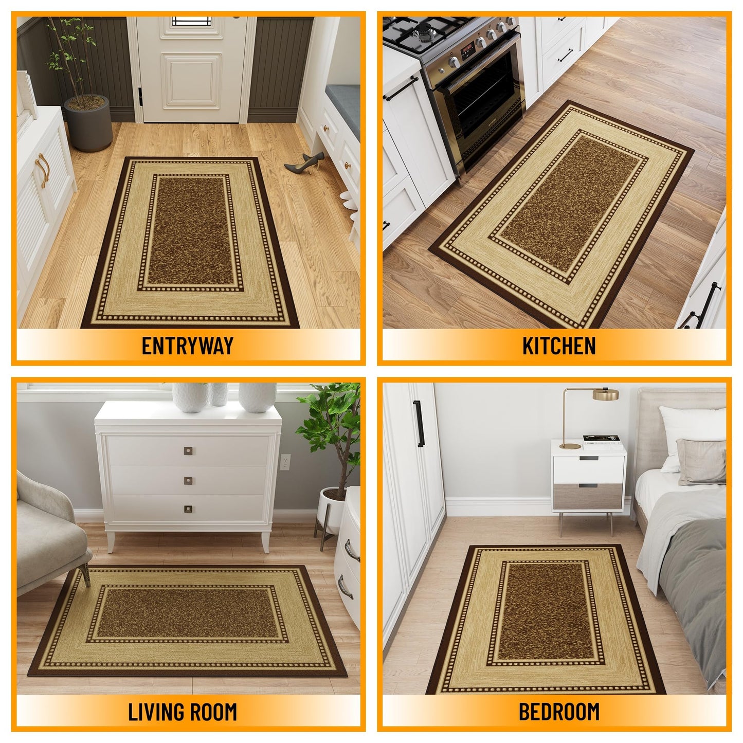 Ottomanson Area Rug 3'3" x 5' – Non Slip Rubber Backed Indoor Rug, Low Pile Accent Rug for Living Room, Bedroom, Entryway, Kitchen, Durable Floor Carpet, Border Dark Brown