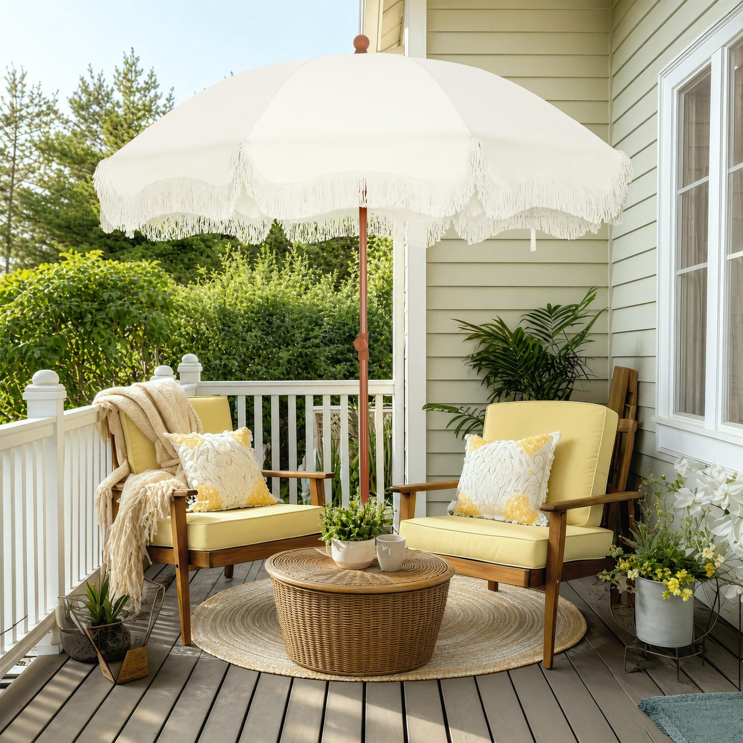 PHI VILLA 7ft Beach Umbrella with Fringe & Sand Anchor, Outdoor Patio Heavy Duty Windproof Portable Tassel Umbrellas for Sand with Push Button Tilt & Carrying Bag, UPF 50+, White(No Base)