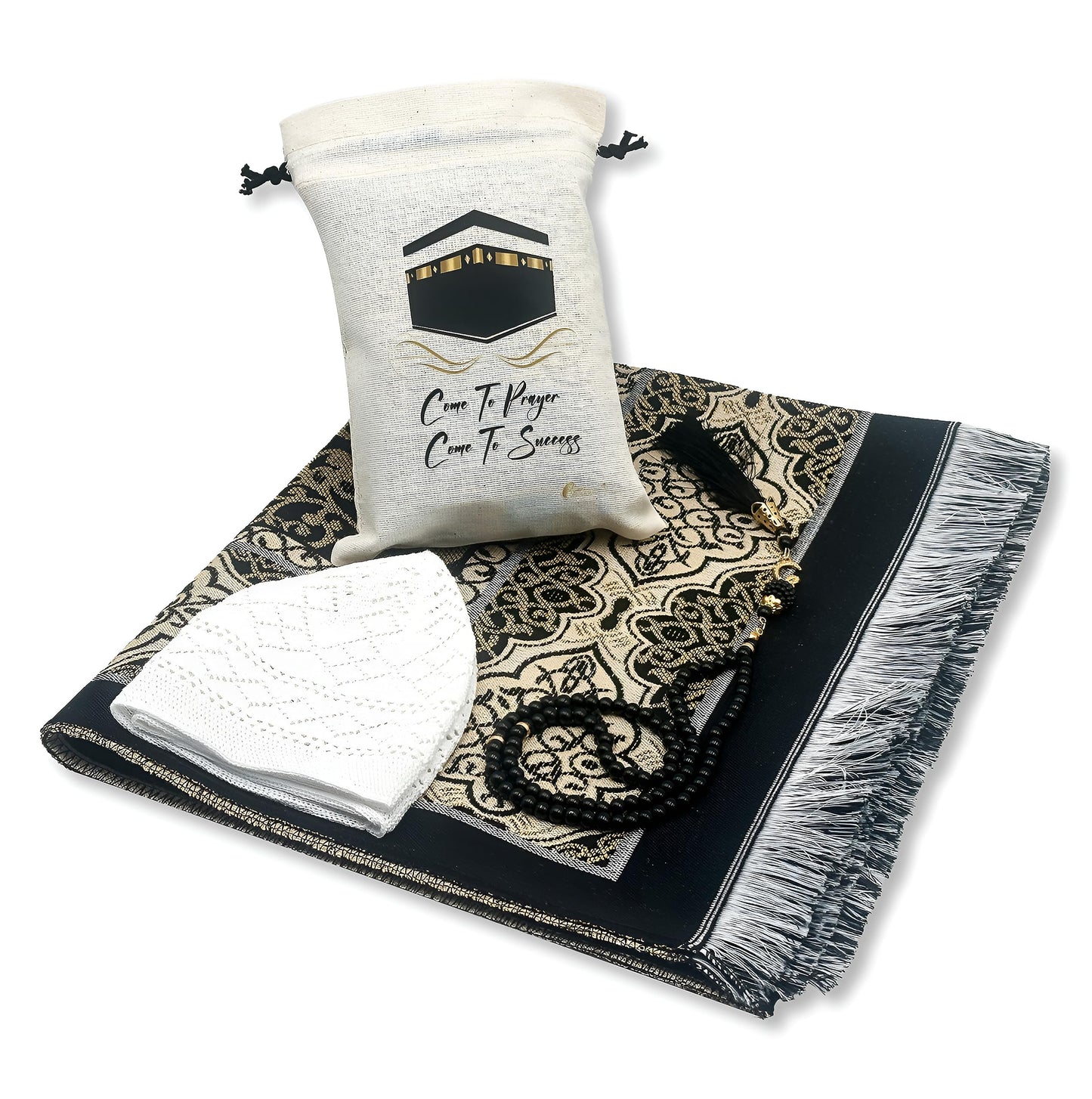 ESERRA Muslim Prayer Rug - 99 Beads & Cap Included, Islam Prayer Mats for Men, Women & Kids (Black)