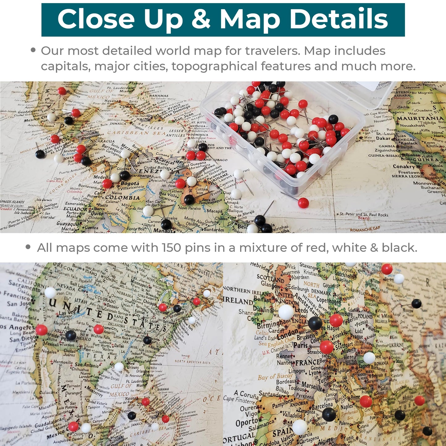 Push Pin Travel Maps Customizable Wall Art - Executive World - Black Frame - Framed Pin Map, Includes 150 Pins - Handcrafted in USA - 27.5" x 39.5"