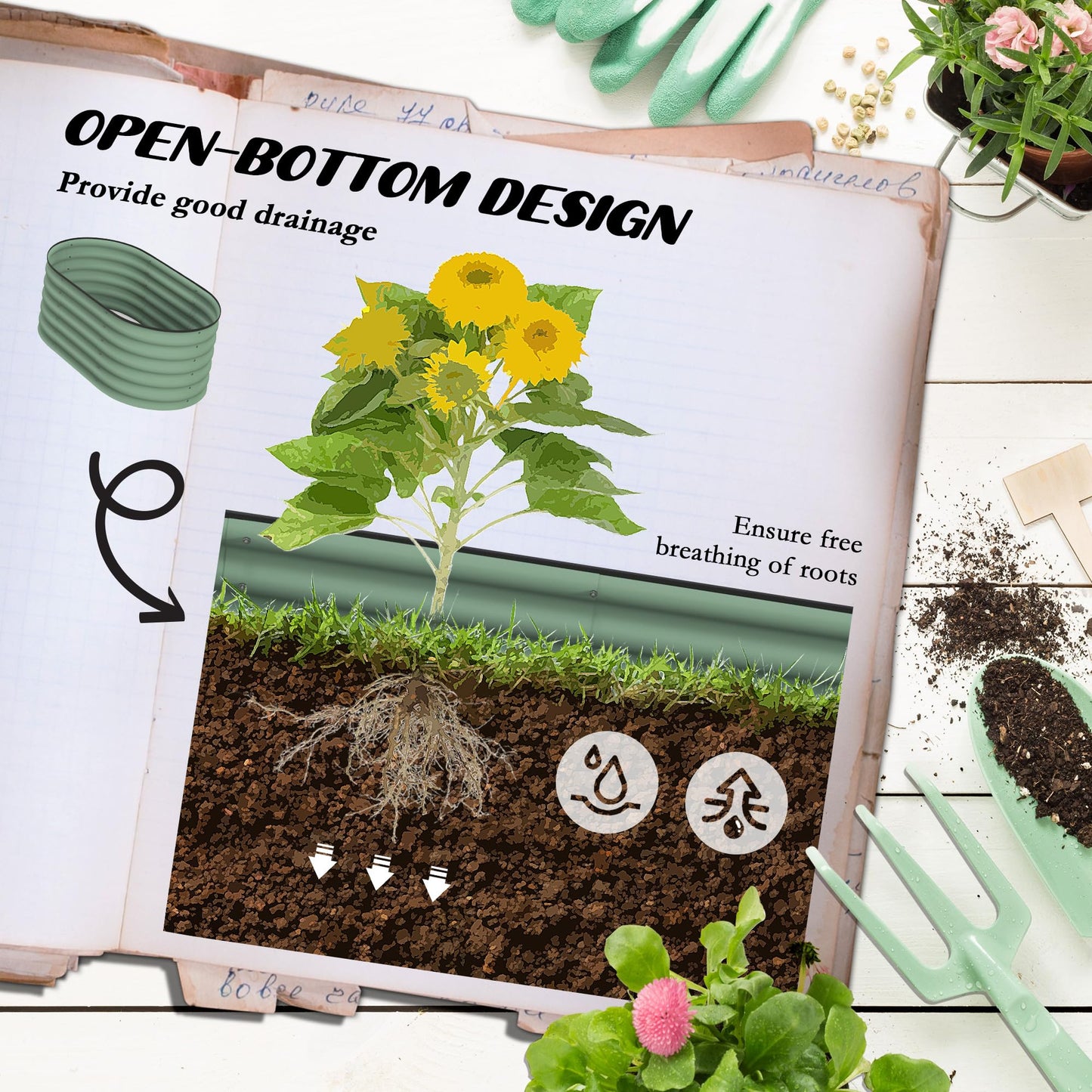 3.5' x 2' x 1.4' Galvanized Raised Garden Bed Kit, Outdoor Metal Elevated Planter Box with Safety Edging, Easy DIY Stock Tank for Growing Flowers, Herbs Vegetables, Green