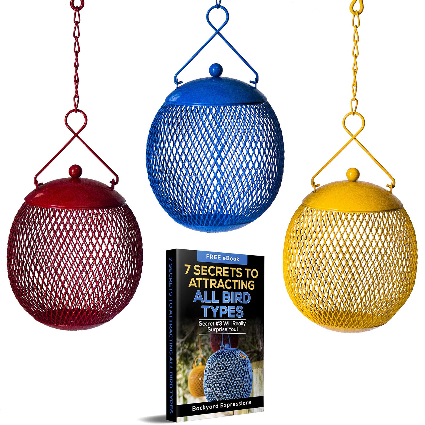 Backyard Expressions 3-Pack Metal Mesh Bird Feeders for Outdoors – Red, Blue & Yellow Squirrel-Resistant Hanging Feeders for Cardinals, Finches & Songbirds – Durable All-Weather Design