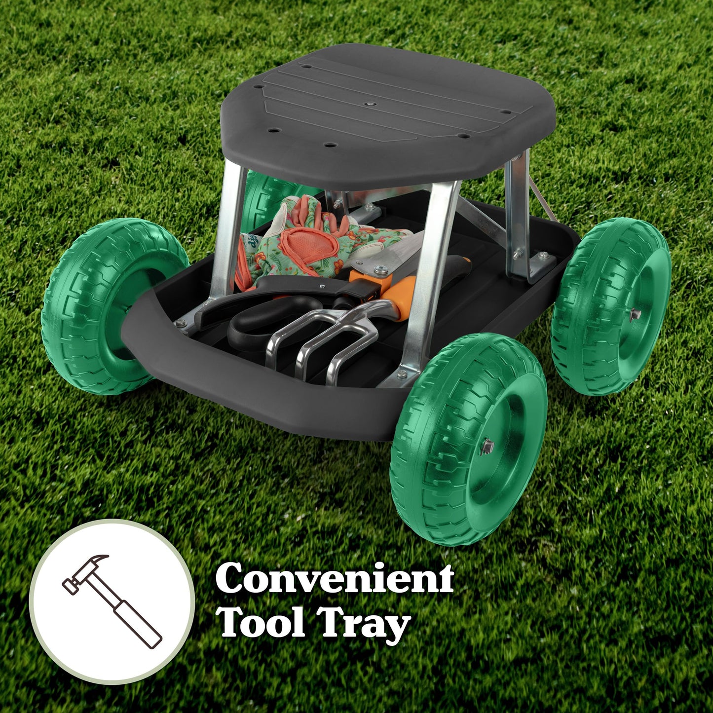 Gardening Stool - Rolling Garden Seat with Wheels and Storage Tool Tray - Garden Cart Scooter - Yard Tools by Pure Garden (Black and Green)