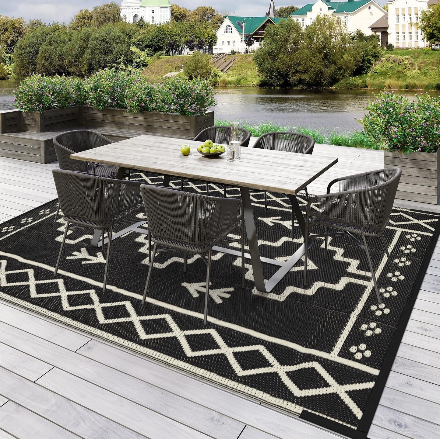 Uphome Outdoor Rugs 8x10 Waterproof, Reversible Black Boho RV Camping Rug, Patio Plastic Straw Outside Rug, Large Foldable Outdoor Mat Carpet for Backyard Deck Pool Balcony Picnic Beach, 8'x10'