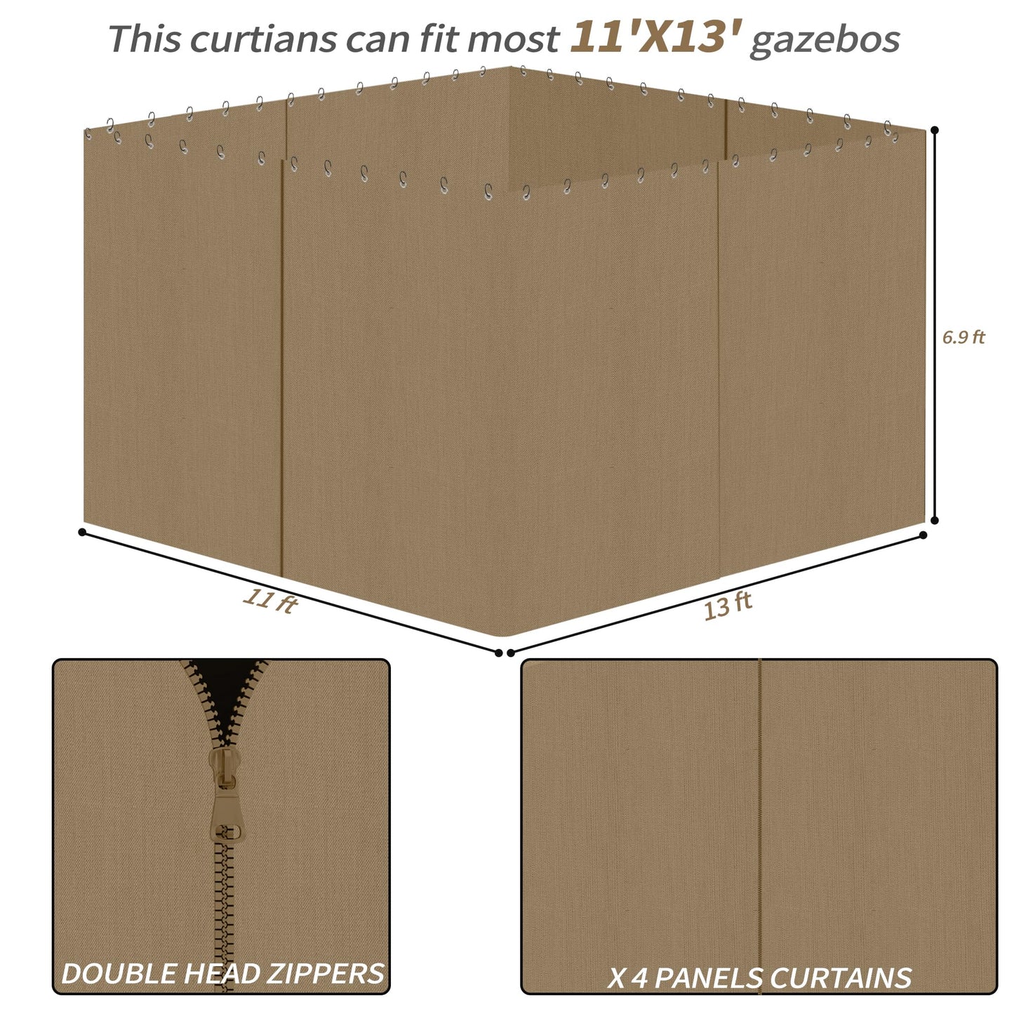 Gazebo Privacy Curtains 11' x 13' with Zipper 4-Panels Side Wall Universal Replacement for Patio, Outdoor Canopy, Garden and Backyard (Curtain Only)