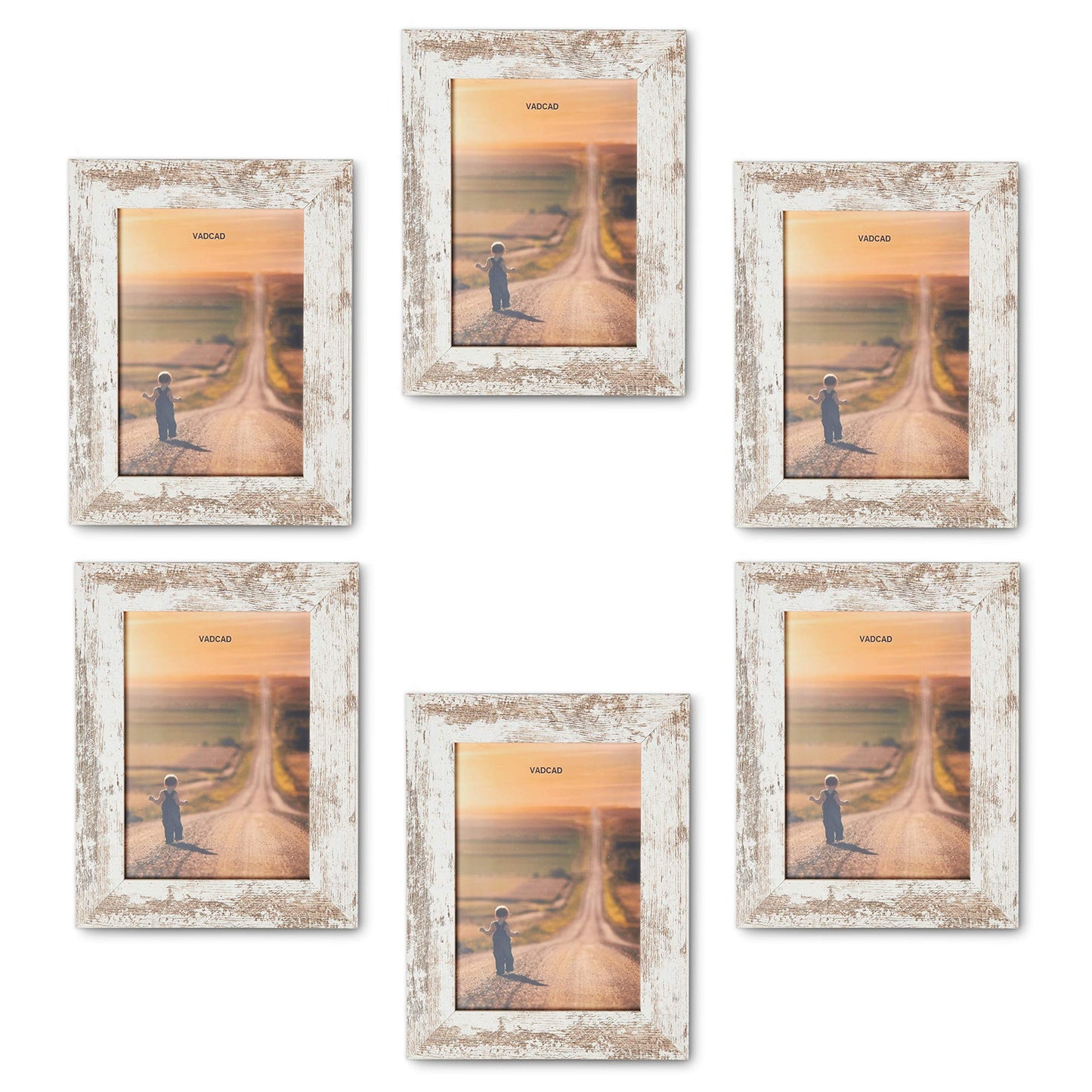 VADCAD Picture Frames 5x7 (6-Pack) - White Rustic Distressed Farmhouse Wooden Frame - Photo Frame with Acrylic Front Ready to Hang or Stand