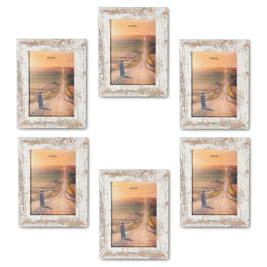 VADCAD Picture Frames 5x7 (6-Pack) - White Rustic Distressed Farmhouse Wooden Frame - Photo Frame with Acrylic Front Ready to Hang or Stand