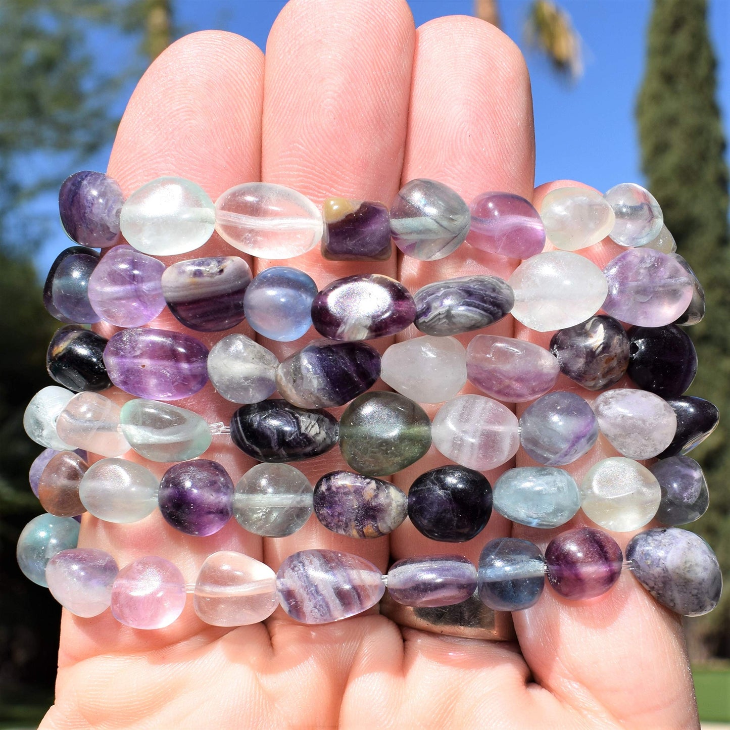 CHARGED Rainbow Fluorite Crystal Bracelet Tumble Polished Stretchy + Selenite Heart Charging Crystal Included Increase Clarity & Focus, Remove Energy Blocks & Cleanse Your Aura) HEALING ENERGY)