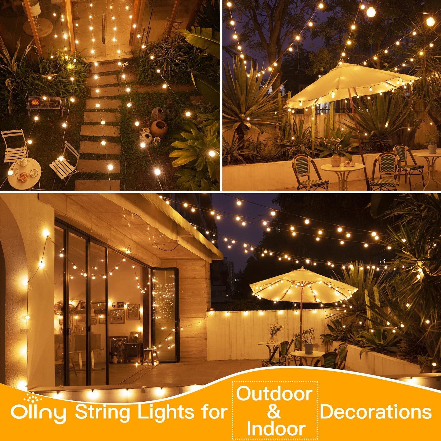 Ollny 50FT Outdoor String Lights, Waterproof Connectable Shatterproof Outside Light with 25 Edison + 2 Spare LED Bulbs Plug in, Patio Lights for Indoor Balcony Porch Camping Deck