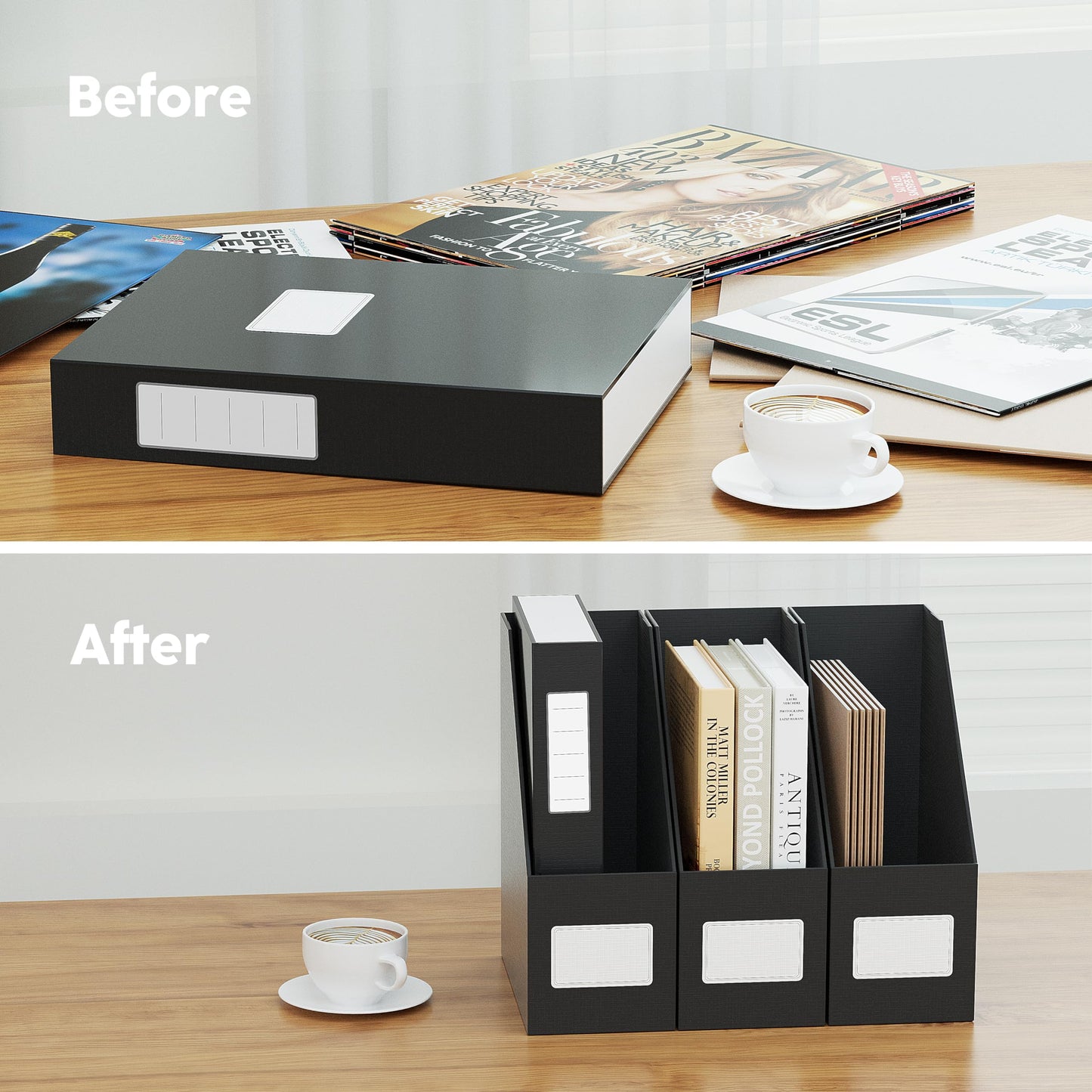 JiaWei Black Magazine File Holders, 3 Packs Sturdy Cardboard File Rack, Office Organization Desktop Storage File Box Binder for Shelves and Desk, Folder Holder for Office or Classroom