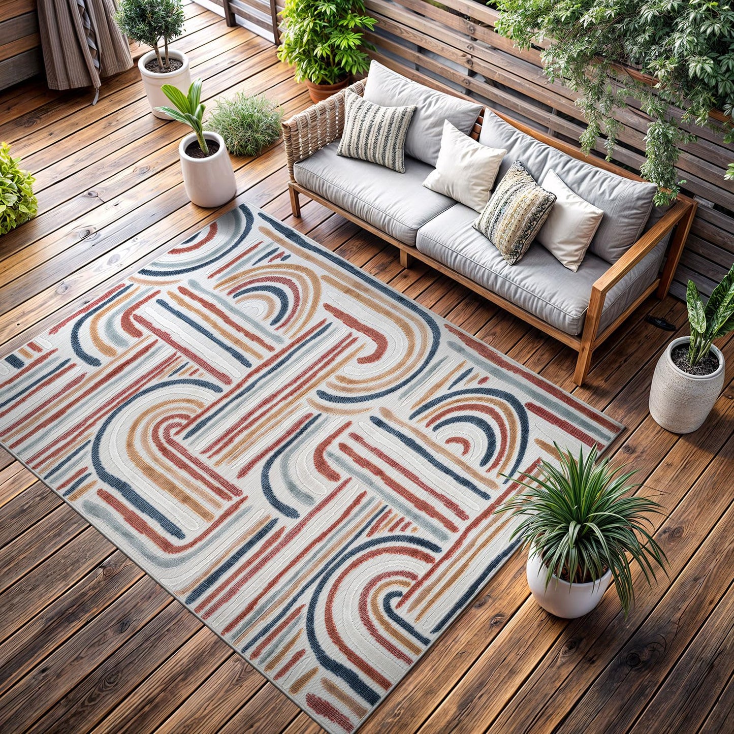 CAMILSON Indoor Outdoor Rug, Multicolor 5x7 Geometric Arch Striped Area Rugs for Patio and Home Areas, Easy-Cleaning Non-Shedding Living Room, Garden and Deck Washable Outside Carpet (5 x 7)