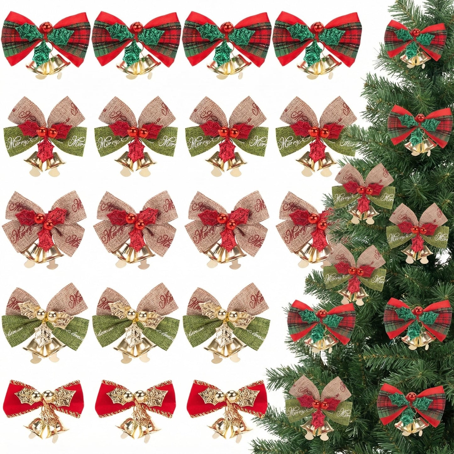 MCPINKY 40PCS Christmas Tree Bows with Bells, Xmas Garland Wreath Bows Ornaments Mini Small Linen Bowknot for Christmas Tree Decor Gift Packaging Decorations