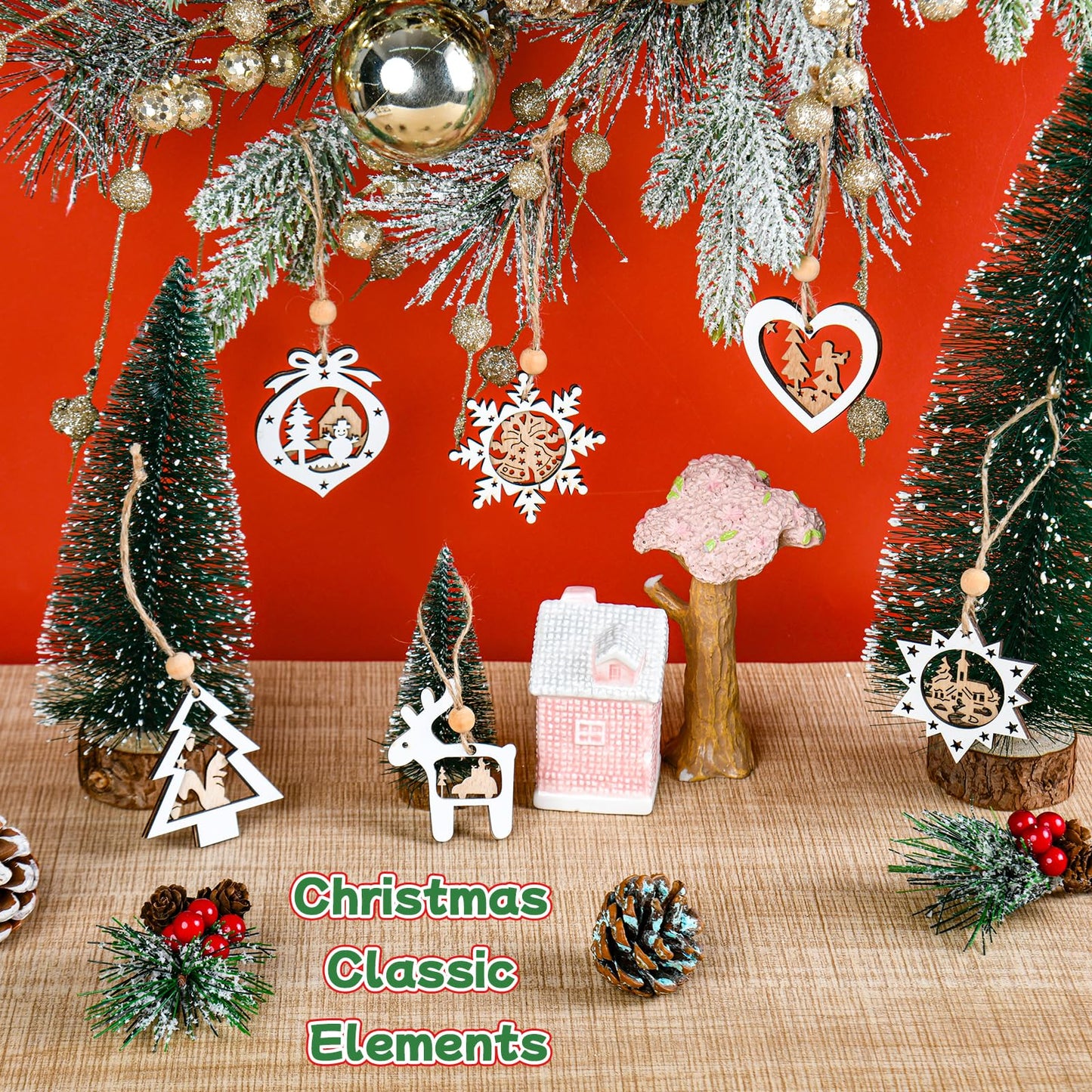 Christmas Tree Ornaments of Winter Wonderland, 24 Pack Christmas Wooden Hanging Craft Ornaments for 3D Rustic Farmhouse Christmas Decorations Gifts Home Party New Year Holiday Tree Decorations