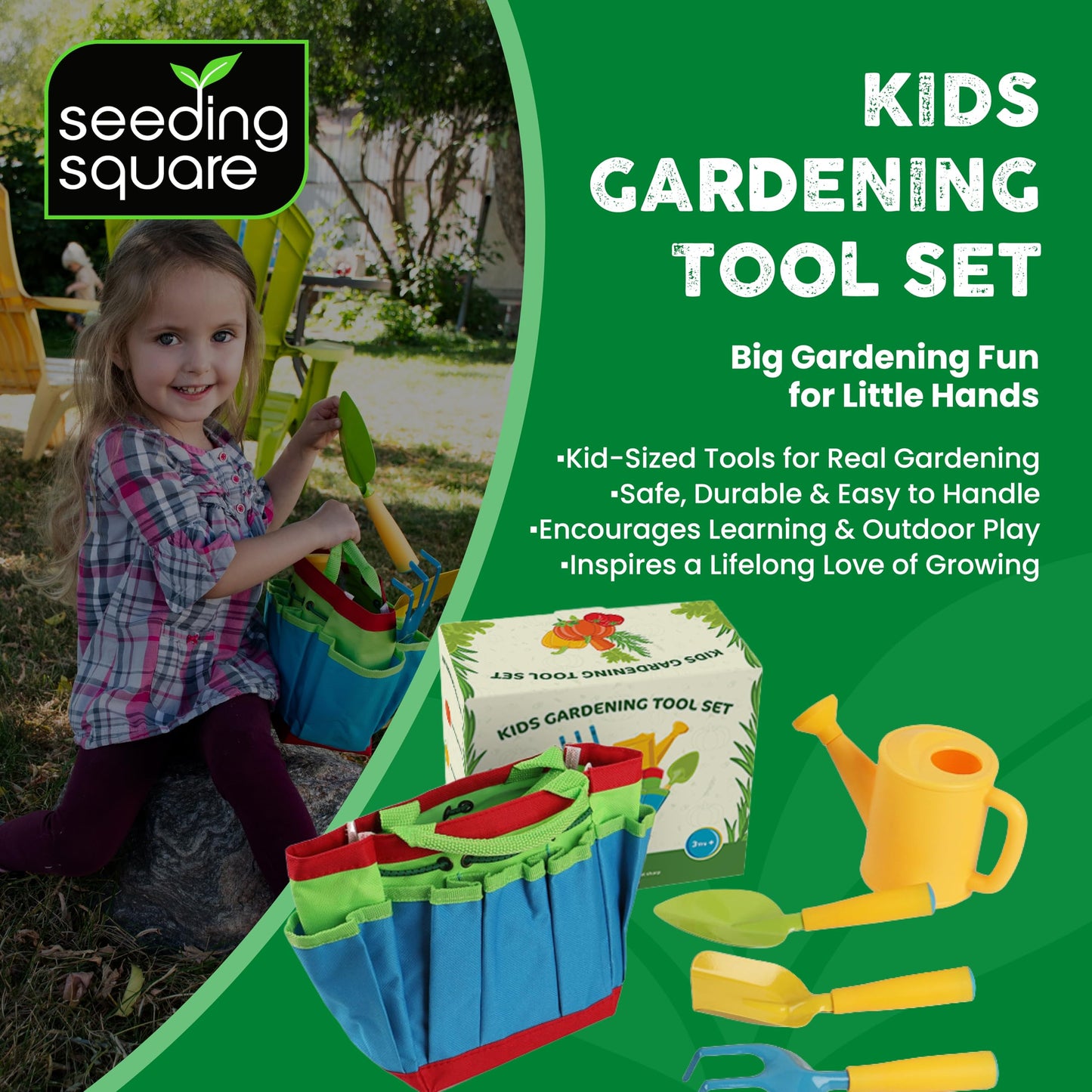 Seeding Square Kids Garden Tool Set – All-in-One Gardening Kit with Trowel, Shovel, Rake, Watering Can & Tote Bag – Durable, Safe & Fun Outdoor Activity for Children Ages 3+