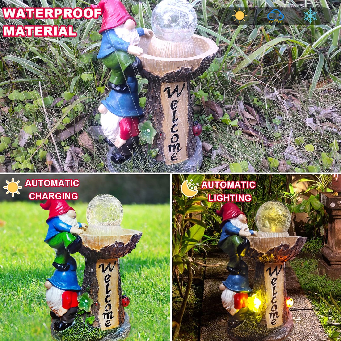Binqiuu Garden Gnomes Outdoor Statue with Solar LED Lights, Solar Garden Gnomes Decorations10.4 in Funny Double Gnomes Sculptures Home Outdoor Lawn Yard Decor, Ideal Gnomes Gifts for Women/Grandma/Mom