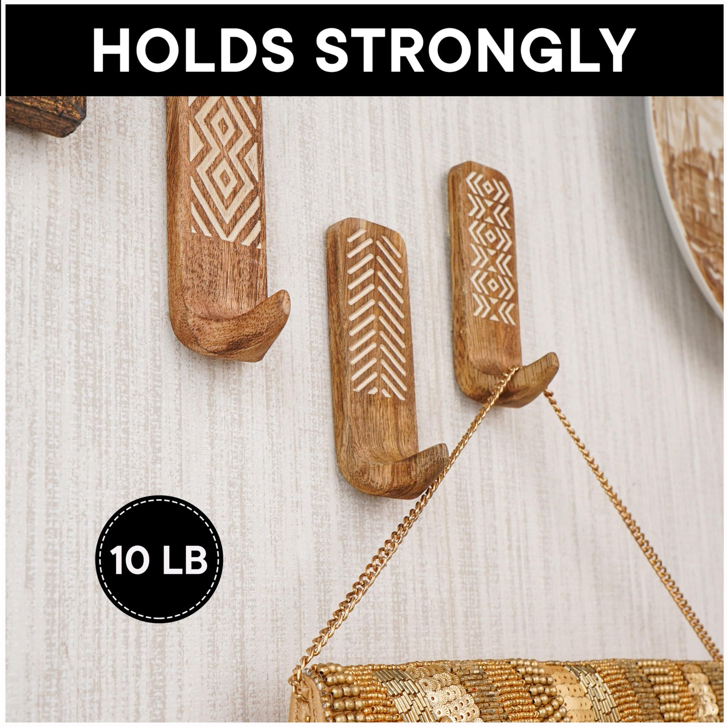 Indian Shelf Boho Wood Adhesive Wall Hooks - 3 Pack Decorative Peel and Stick Key Hooks - Unique Wall Hangers for Bathroom & Entryway