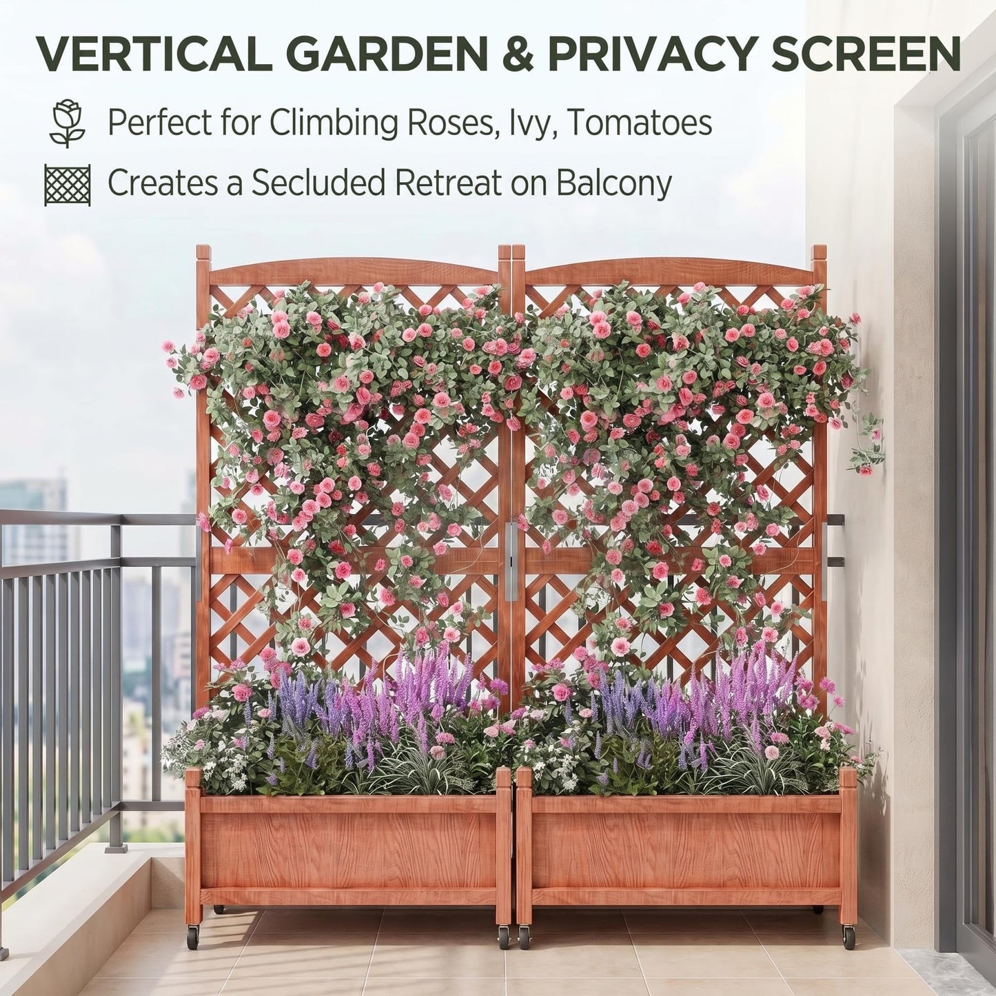 ActiveTrail 2 PCS Raised Garden Bed with Trellis, 61.5" Wooden Planter Box Outdoor with Drainage Holes and Locking Wheels, Privacy Planters for Patio, Climbing Plants, Vegetables, Balcony & Yard