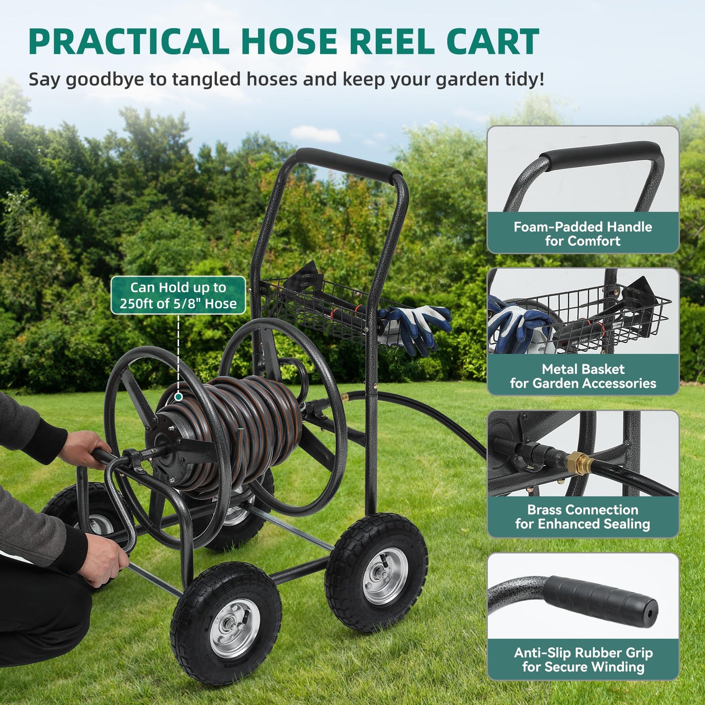 Autodaya 250FT Garden Hose Reel Cart with 10" Pneumatic Tires, Heavy-Duty Steel Frame for Tangle-Free Water Hose Storage, Easy-Rolling Lawn & Yard Hose Holder