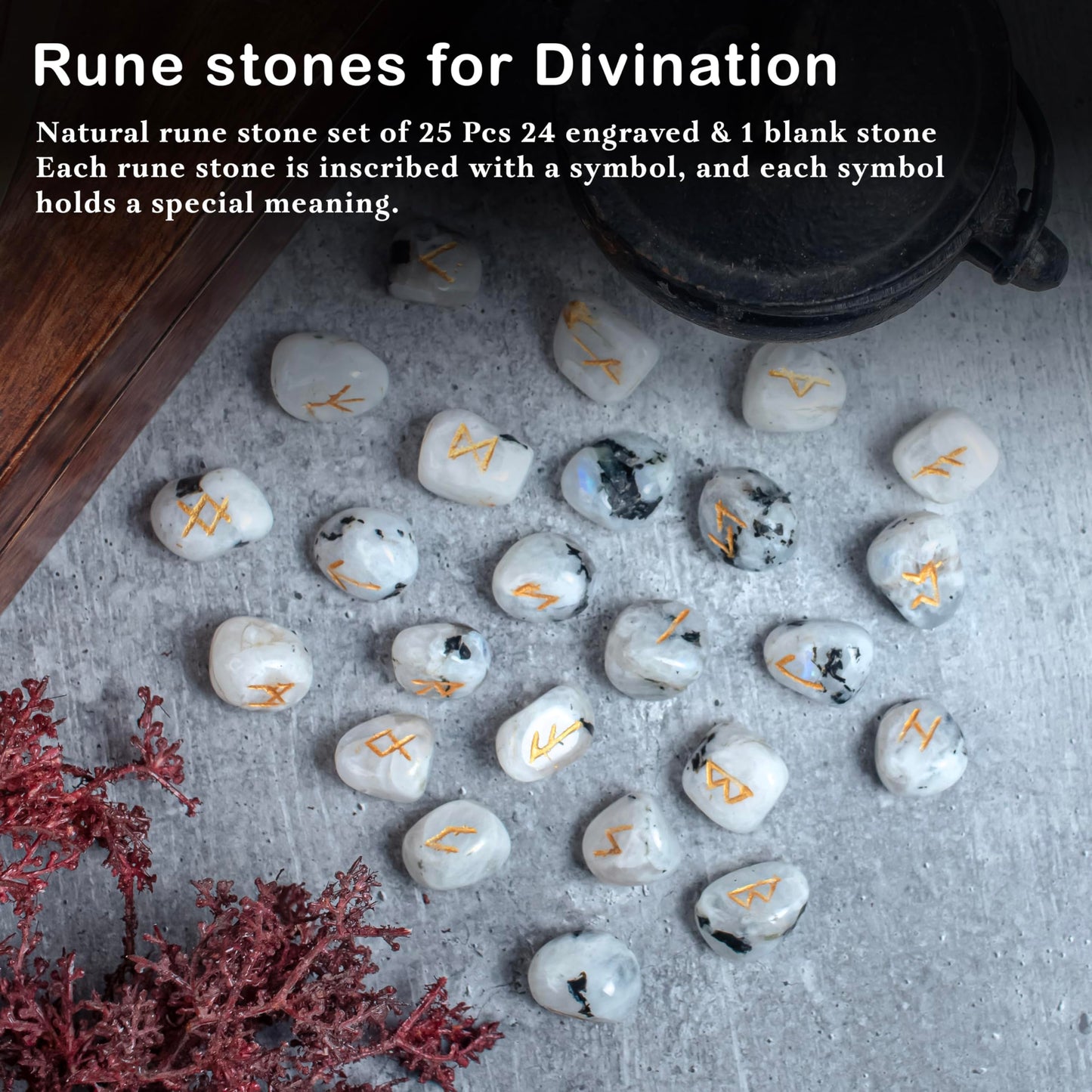 Crocon Rainbow Moonstone Rune Stones Sets 25 pcs for Beginners with Elder Futhark Alphabets for Healing Chakra Crystals Reiki feng Shui Gemstone Runes Set Size: 15-20 mm with a Pouch & Rune brochure