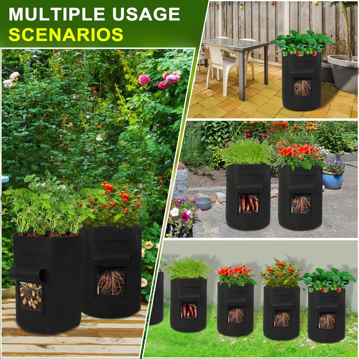 SORANGEUN 4-Pack 15-Gallon Grow Bags with 2 Flaps and Reinforced Handles,Non-Woven Potato Grow Bags, Heavy-Duty Thickened Aeration Fabric Pots for Potatoes, Tomatoes, Flowers, and Vegetables