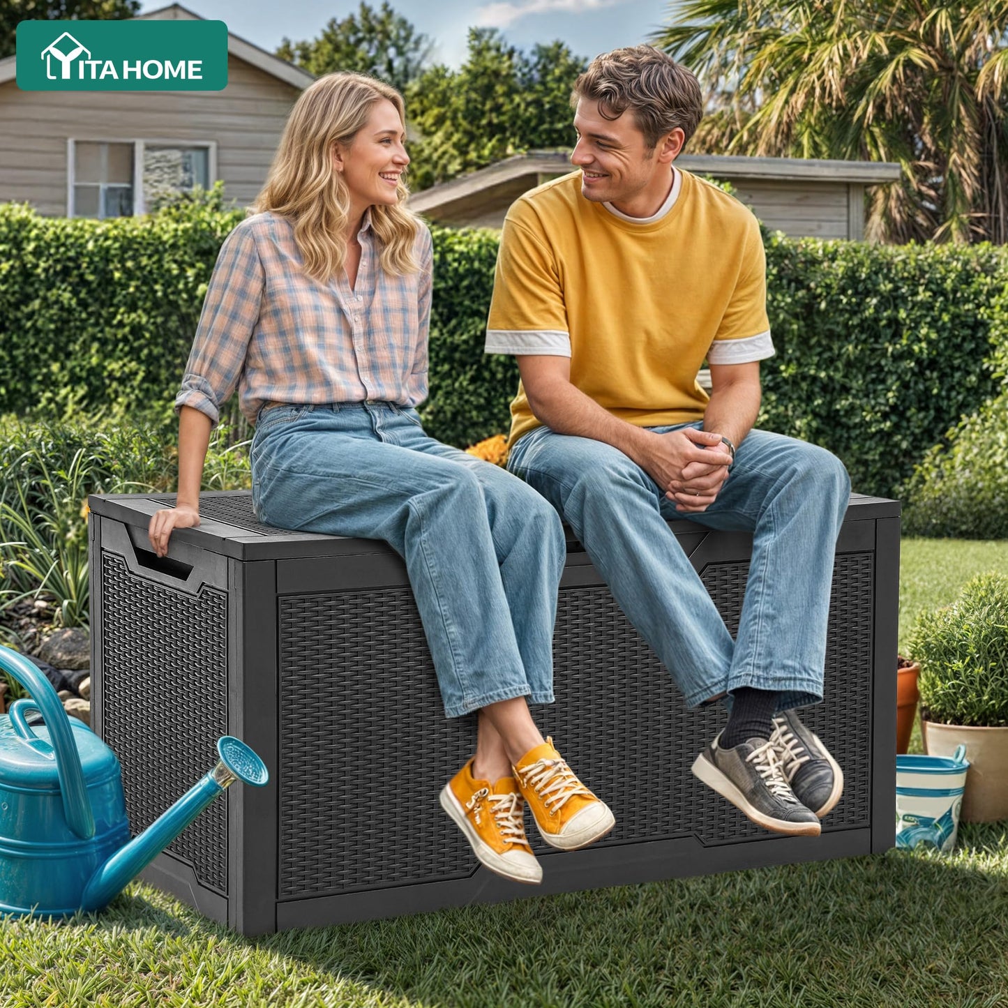 YITAHOME 100 Gallon Resin Deck Box, Weather Resistant Outdoor Storage Box, Lockable Indoor Outdoor Storage for Supplies and Essentials, Black