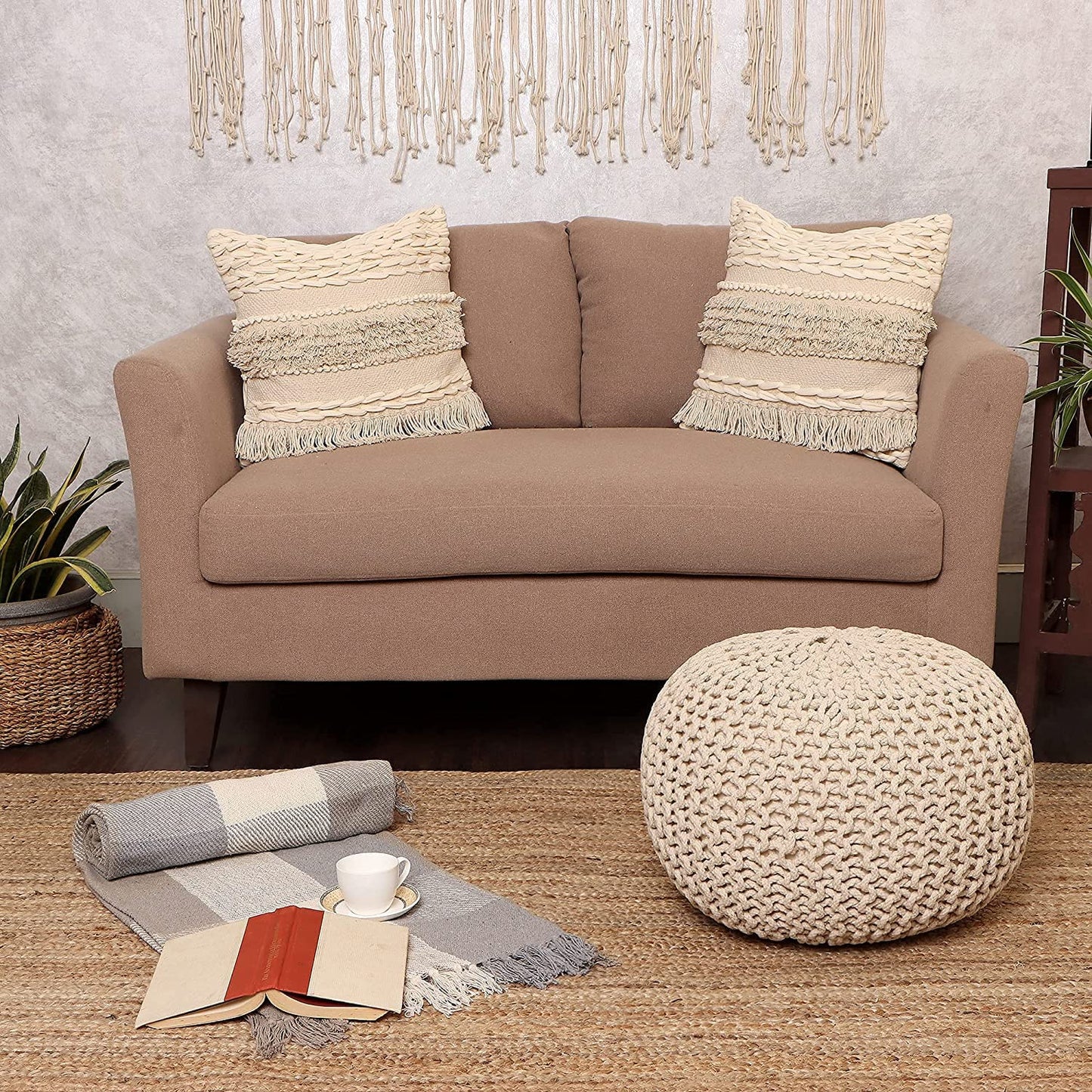 REDEARTH · Round Pouf Ottoman - Cable Knitted Boho Poof - Home Décor Cord Pouffe Handmade Circular Footrest for Living Room - Bedroom - Kids Bedroom - 100% Cotton Pouf (18" x 18" x 14") - Ivory