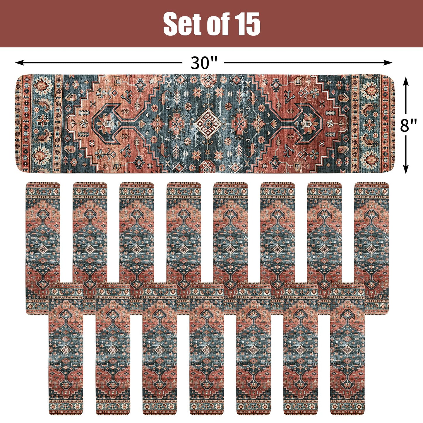 HOMBYS Non-Slip Carpet Stair Treads for Wooden Steps Set of 15, 30"X8" Indoor Stair Runner Extra Slip Resistant Stair Rugs Rubber Safety Mats, Stairway Grip Step Treads RED&Blue