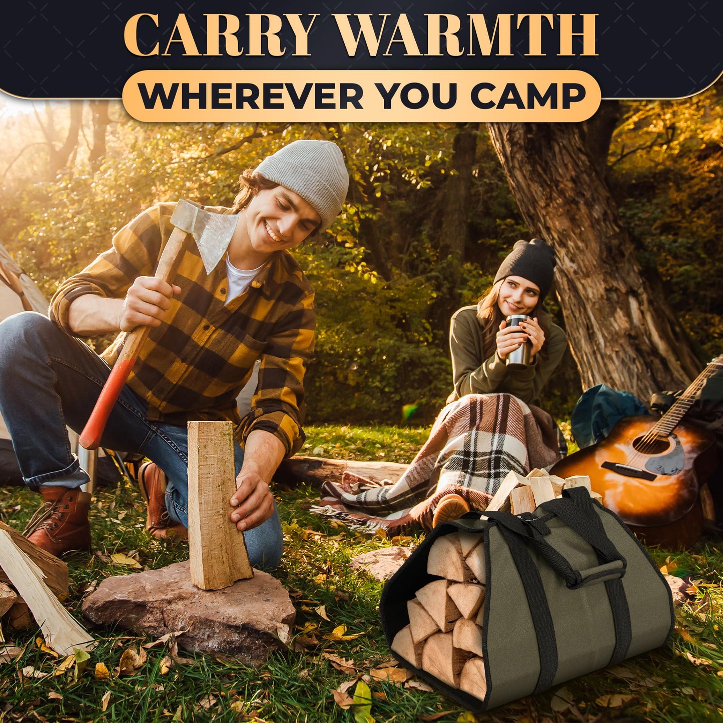 Firewood Carrier Bag 39.4"×18.5" – Waxed Canvas Wood Carrier for Firewood with Reinforced Handles, Hook-and-Loop Grip & Center Strap, Water-Resistant Design with Dust-Blocking Liner | Good for Gifting
