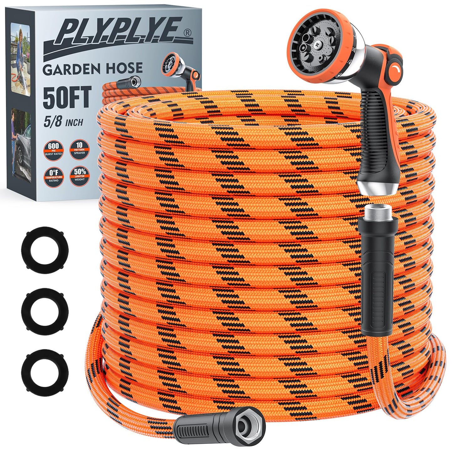 PLYPLYE Flexible Garden Hose 50 ft, Non-Expanding Lightweight Water Hose, with 10 Pattern Sprayer, All Weather, Durable, Kink and Abrasion-Resistant, Leak-Free, Orange