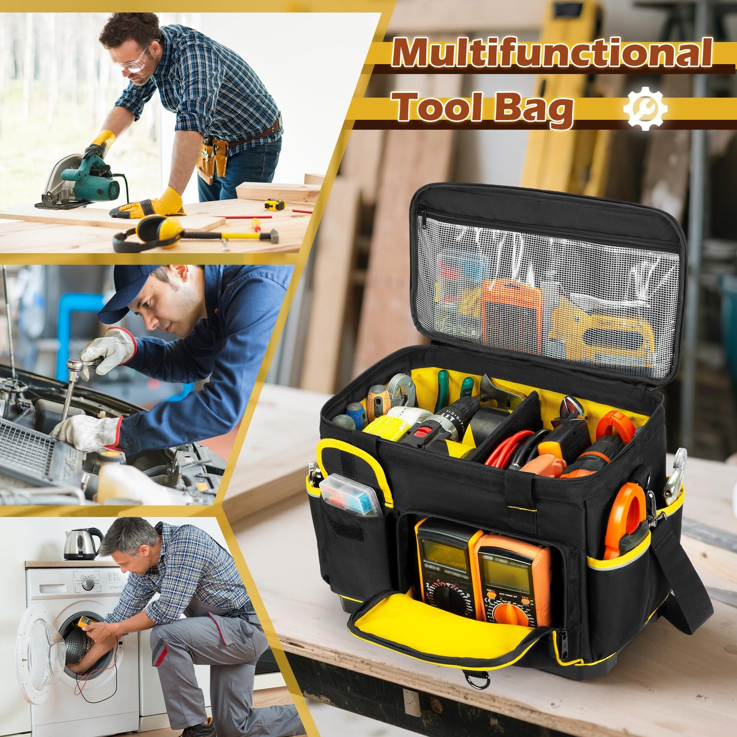 Marscamd 16-inch Tool Bag with Hard Bottom and a Detachable Divider, Heavy Duty Tool Tote with Multiple Pockets, Black