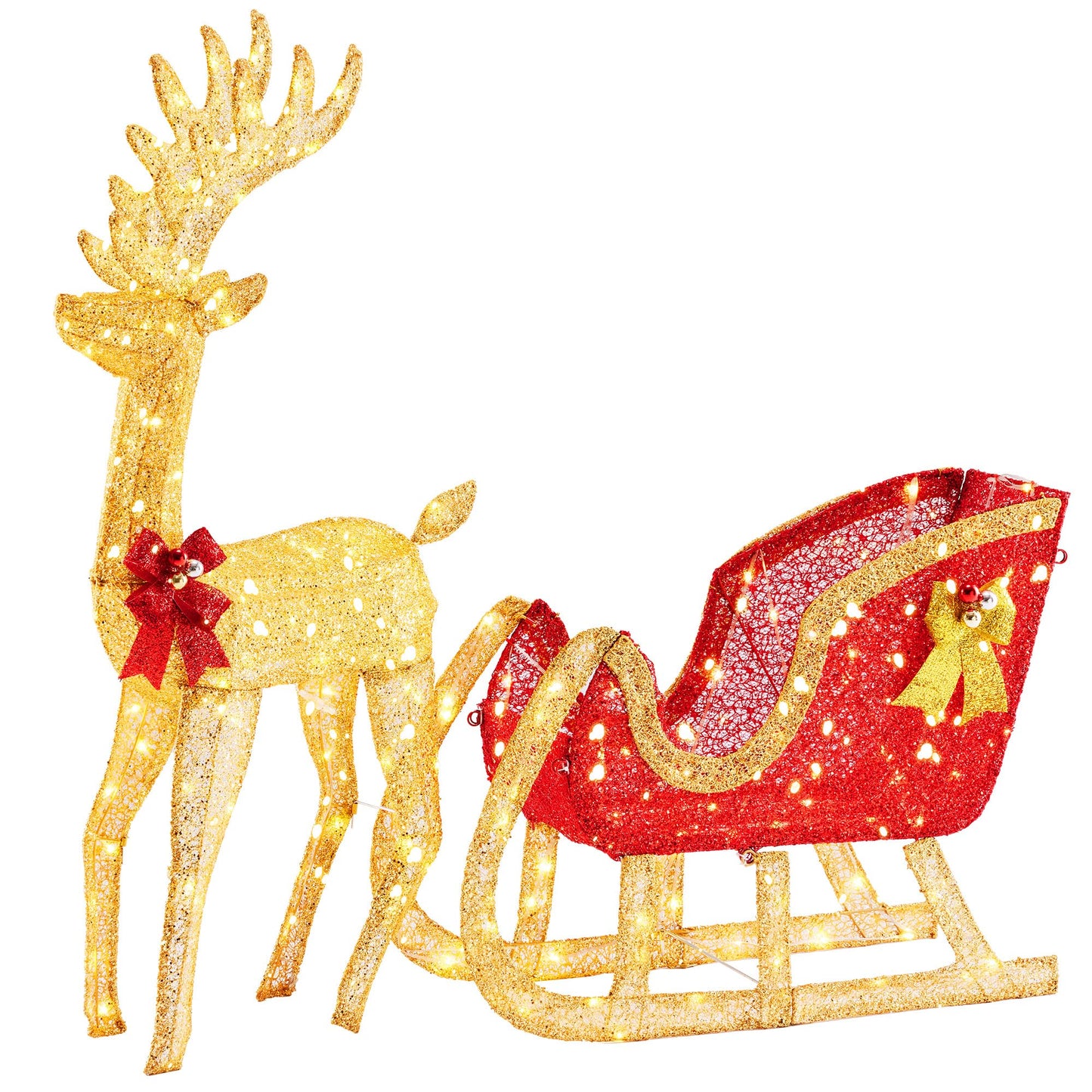 Sweetcrispy 4 FT Lighted Christmas Reindeer & Santa Sleigh Set, Family Outdoor Indoor Xmas Pre-Lit Yard Decoration w/ 180 LED Lights, Holiday Deer & Sled for Garden Lawn Patio Display, Gold-Red