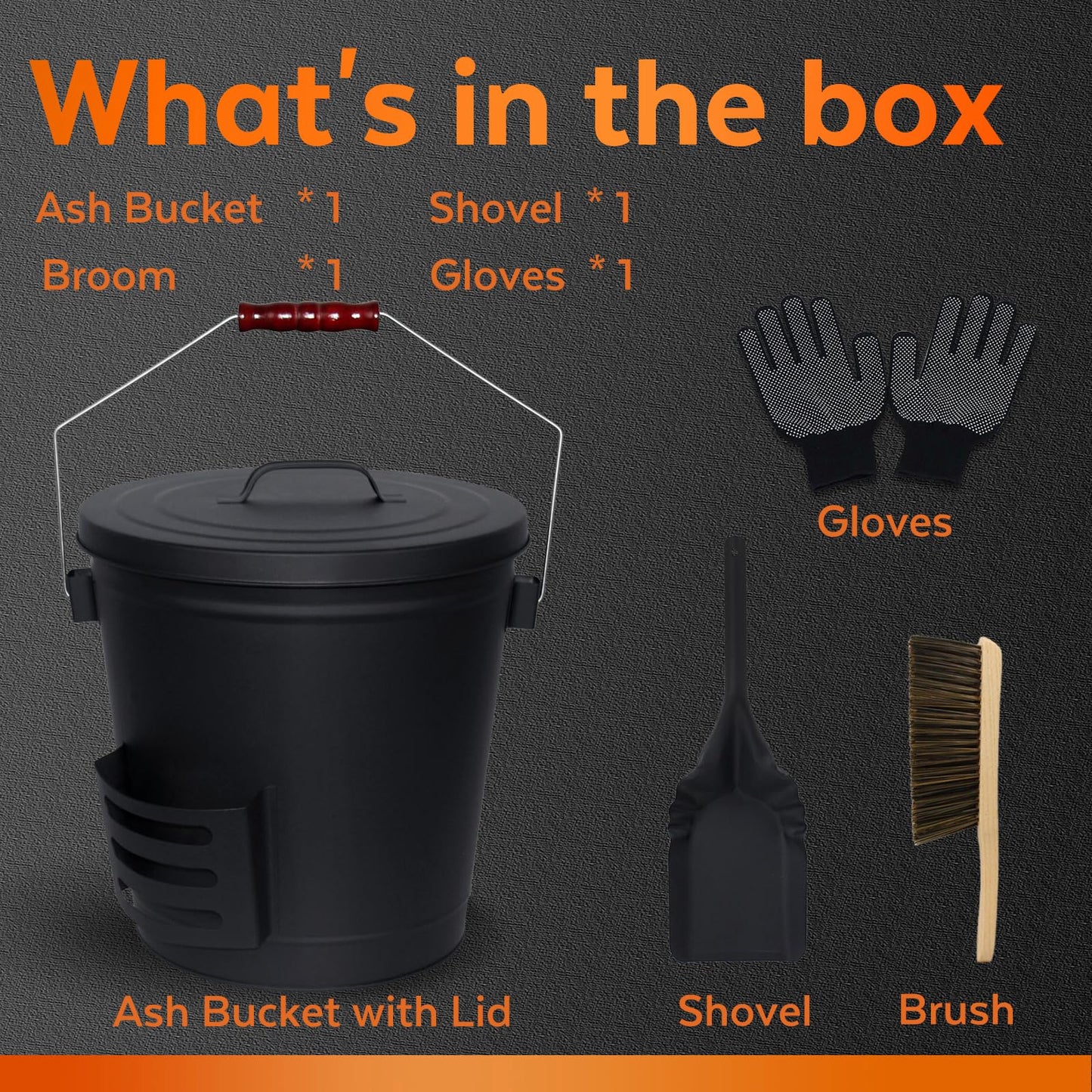 KEFIY 5.2 Gallon Ash Bucket with Lid and Shovel, Metal Fireplace Ash Bucket with Broom, Complete Fireplace Tools Set for Wood Stove and Fireplace
