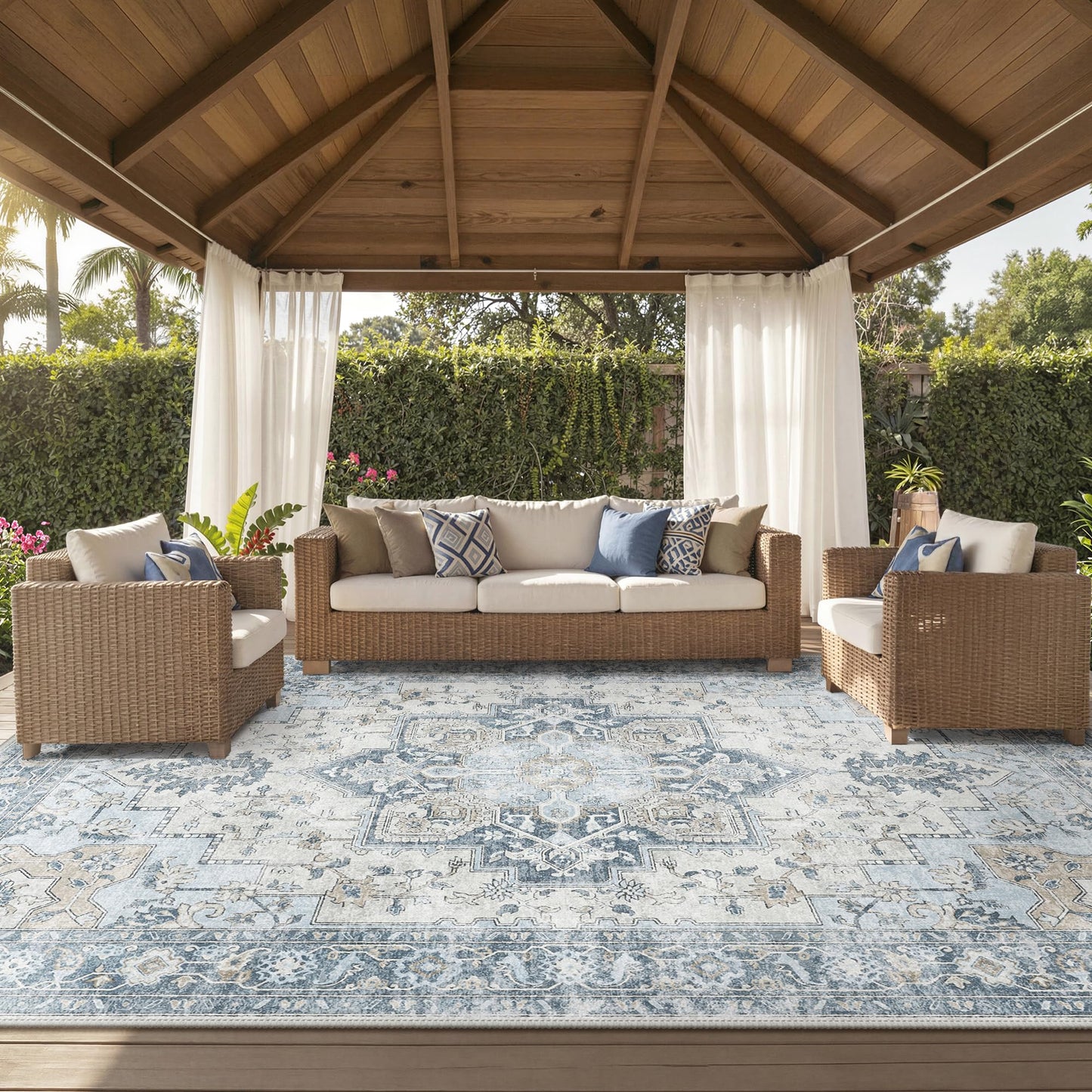 GENIMO Outdoor & Indoor Area Rug 10'x14', Waterproof, Non-Shedding, Easy Cleaning, Boho Mat for Patio, Living Room, Balcony, Dining Room, RV, Deck, Bedroom, Camping, Outside Carpet,Blue