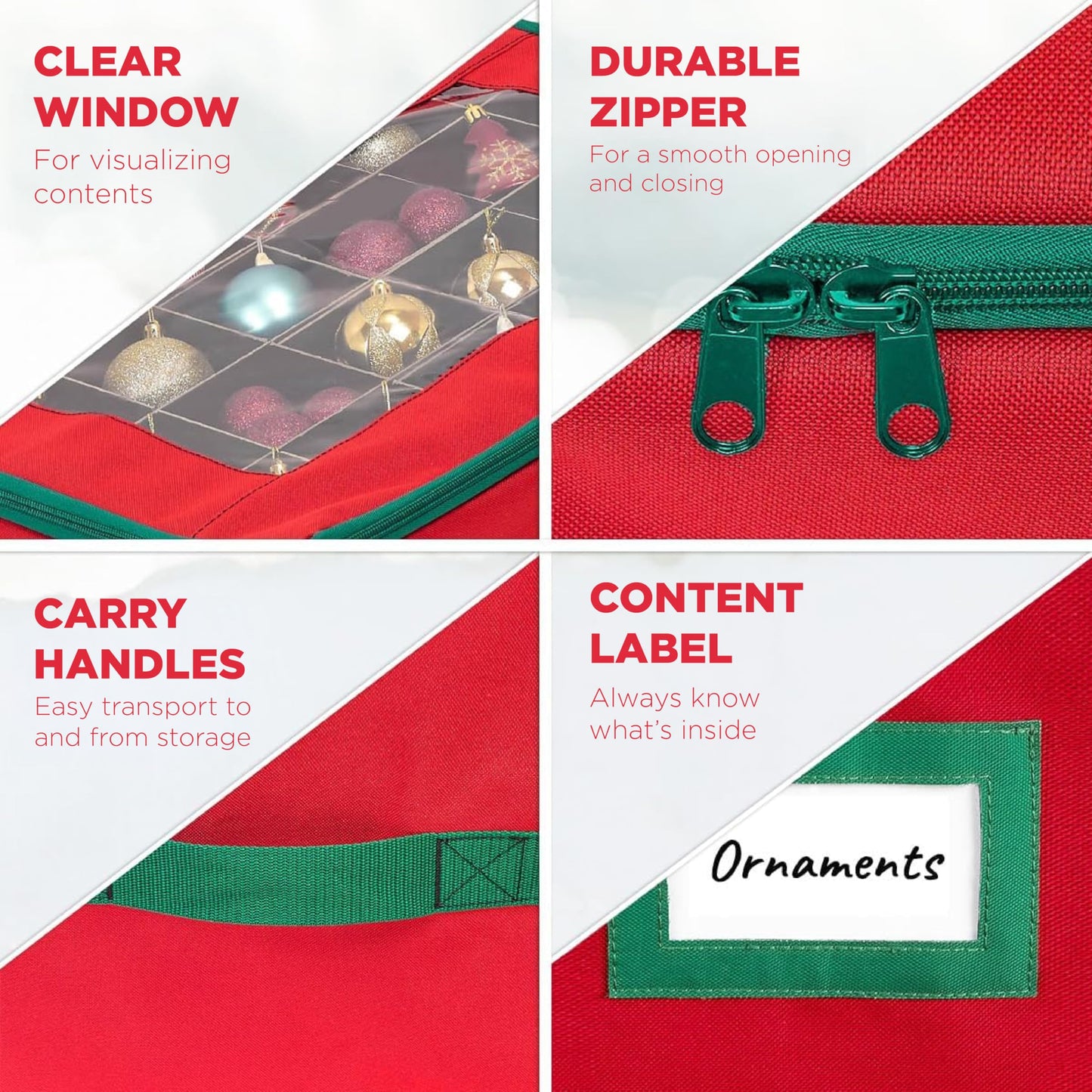 HOLDN’ STORAGE Christmas Ornament Storage Box with Dividers - Fits 48-3” Ornaments, 2 Removable Trays, Durable & Space-Saving, Clear Top Lid, Fits Underbed, Red