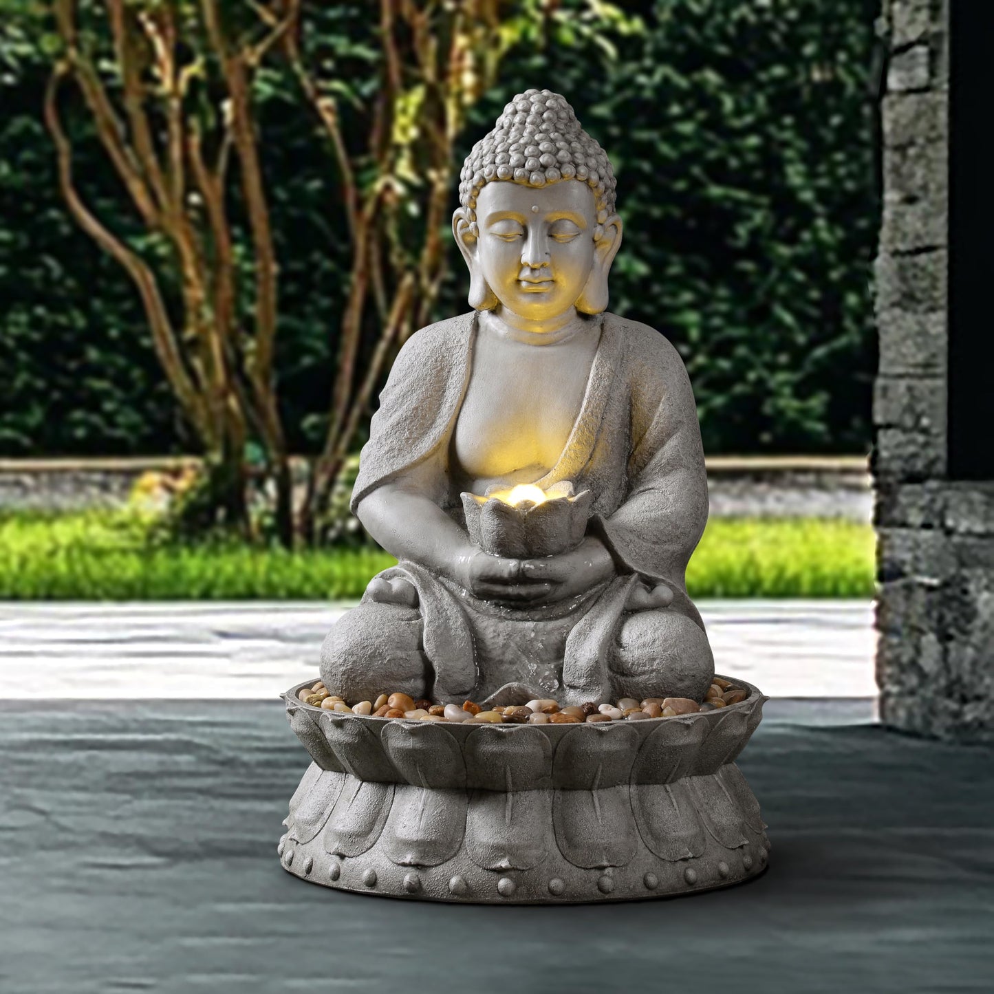 Mseonwxi Buddha Water Fountain Outdoor, Zen Fountain with LED Light for Garden, Home Decor, Relaxing Buddha Statue with Lotus Base, for Women