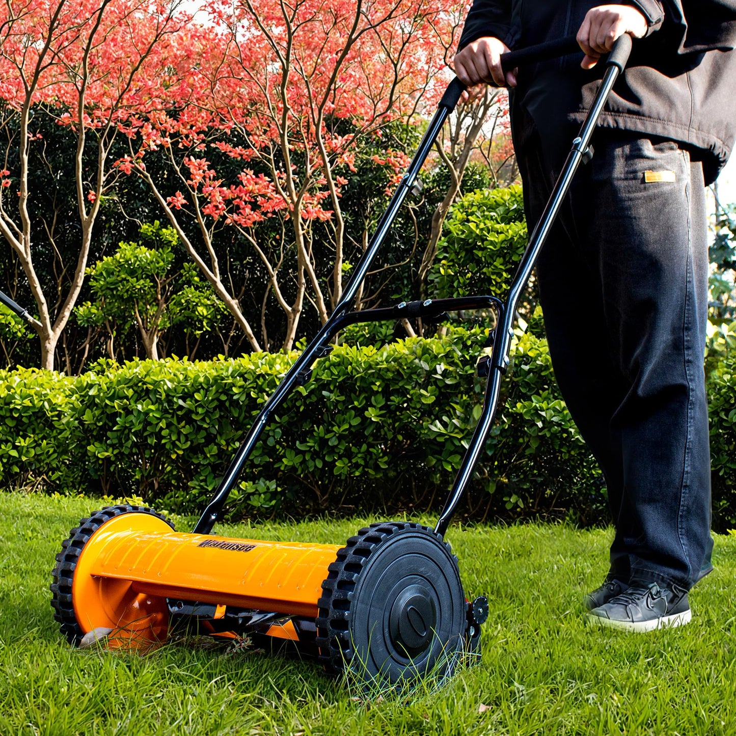 Walensee Push Reel Lawn Mower, 14-Inch 5-Blade Cordless Manual Reel Lawn Mower, Walk-Behind Steel Lawn Mower with 4-Position Cutting Height Adjustment & Sponge Grip