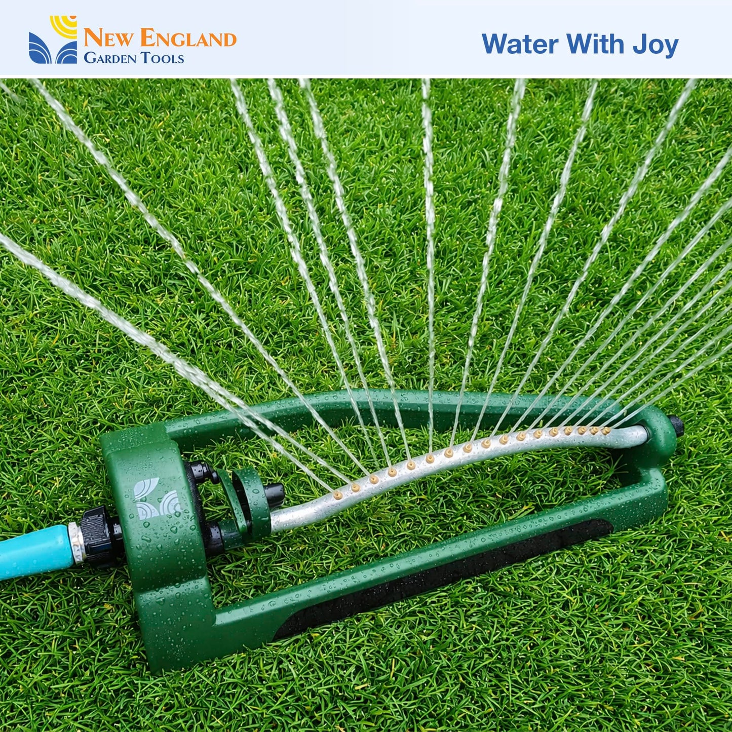 Oscillating Sprinkler 100006, Adjustable Pattern to Cover Up to 2,695 Square Feet, 17 Brass Nozzles on Metal Tube for Even Lawn Watering, by New England Garden Tools