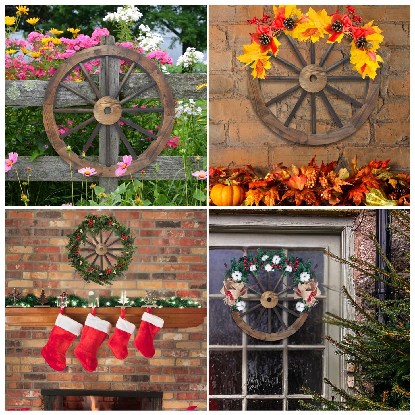 Rustic Western 24" Wood Wagon Wheel Decor, Fully Painted 1.2" Thick Farmhouse Country Barn Wall Art, 12-Spoke Sturdy Wood with Protective Coating for Indoor & Outdoor Display, Great Holidays Gift | Western Wall Art