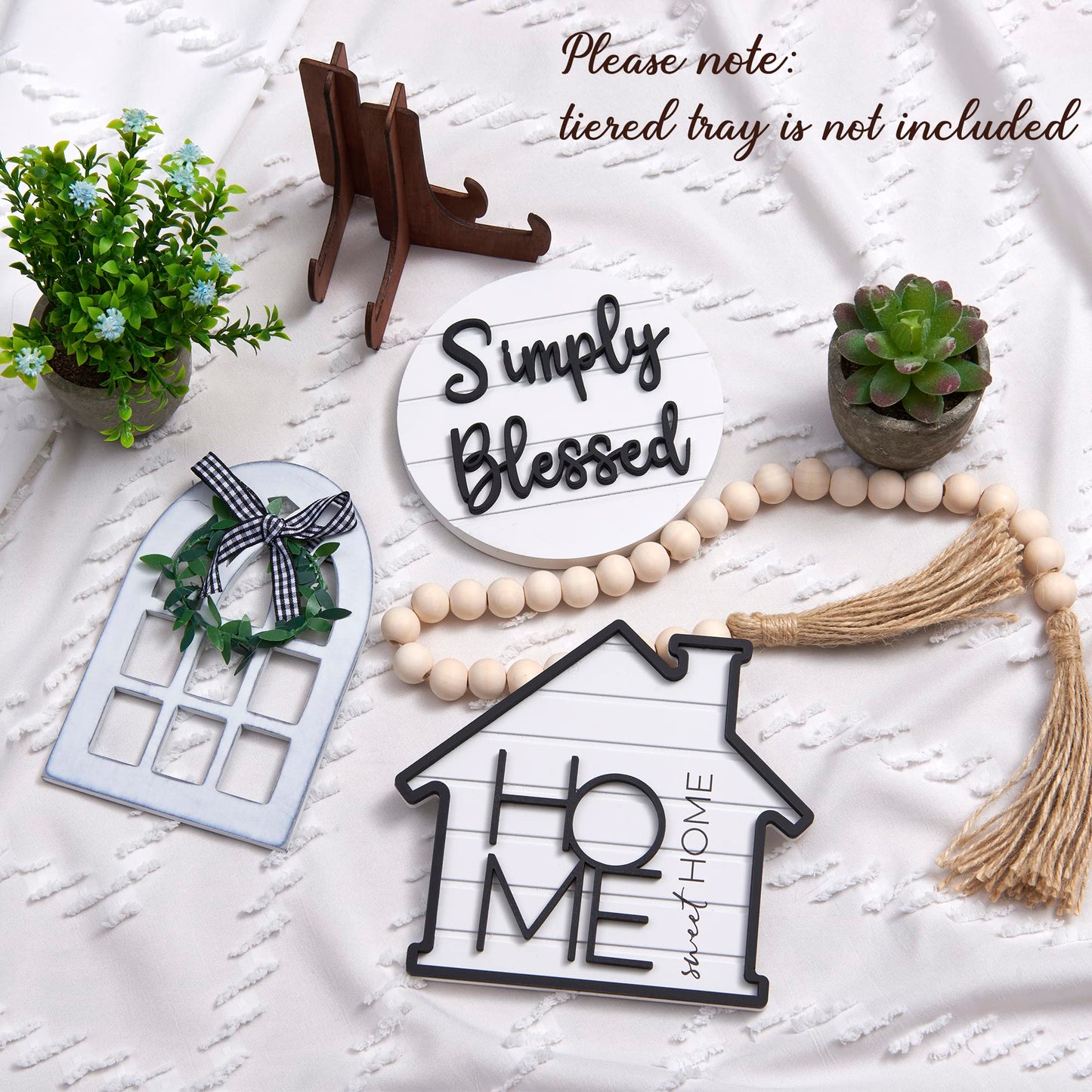 Houmury Rustic Farmhouse Tiered Tray Set with Succulent & Plant - Home Decor for Kitchens (Set of 8 Without Trays)