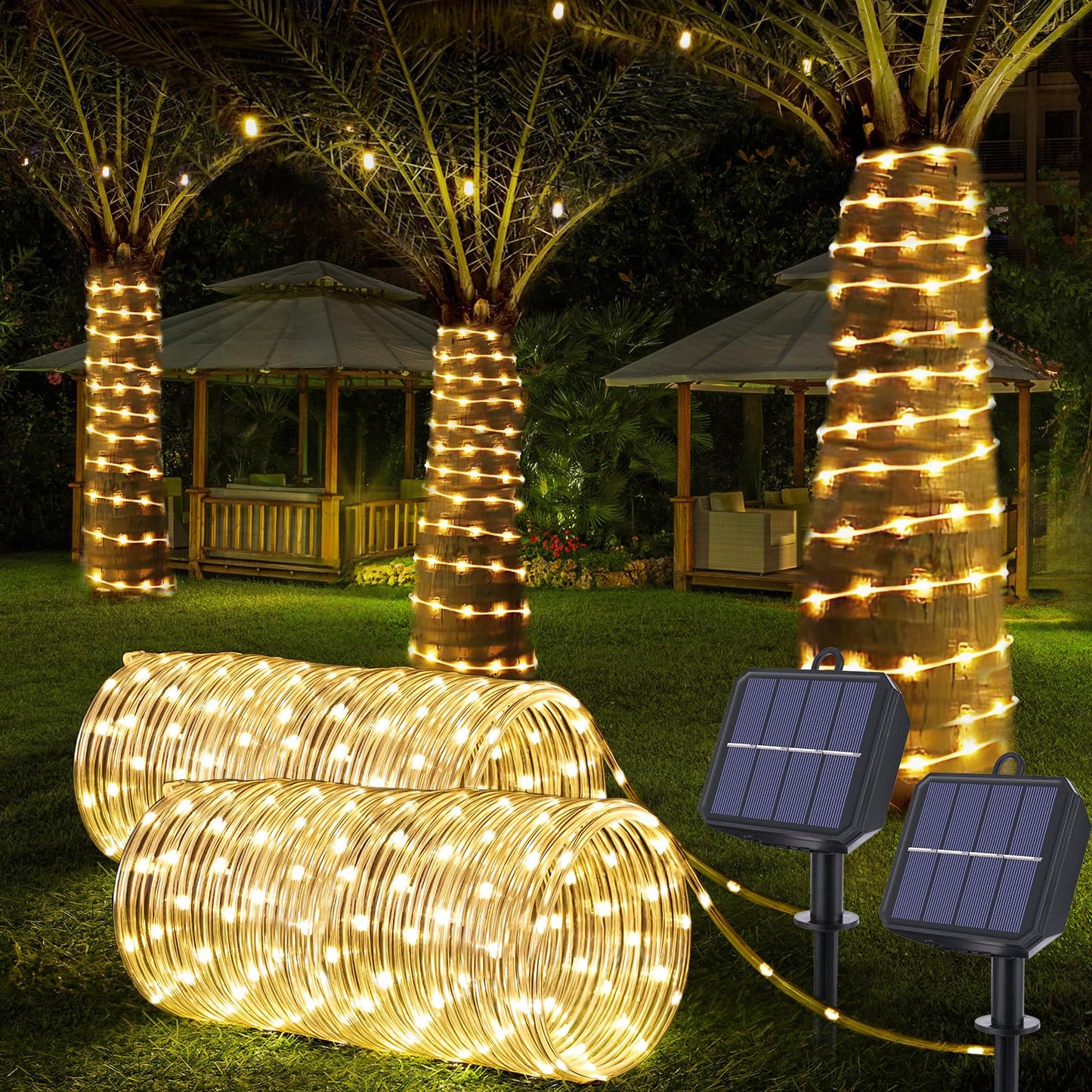 Solar Rope Lights, 2 Packs Total 132ft 400LED Solar String Lights, 8 Modes Waterproof Solar Powered Outdoor Light, Flexible Clear Tube Light for Garden Backyard Patio Deck Pool Tree Decor - Warm White