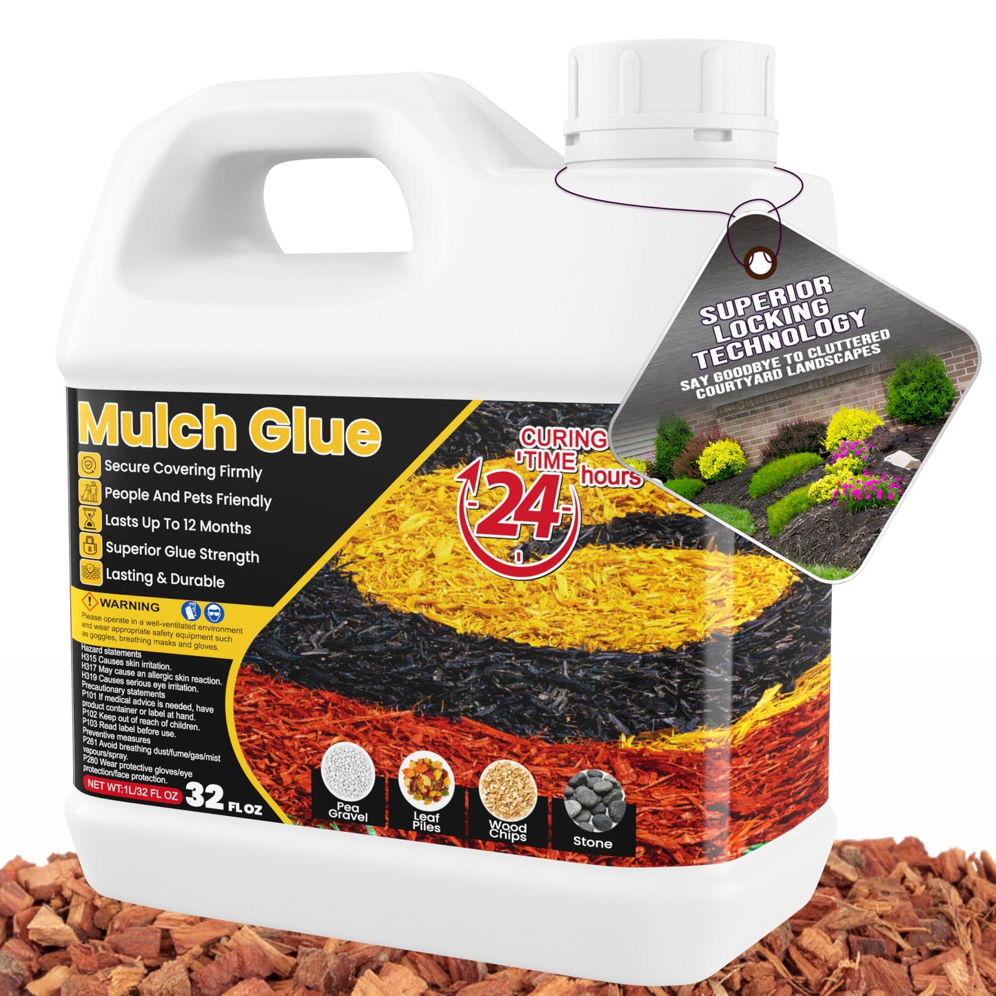 Mulch Glue - 32 OZ Rubber Mulch for Landscaping, Pet Safe Rock Glue, Ground Coverage Gravel Glue, Stone Sealer, Mulch Adhesive for Pathway, Patio, Plants, Fast Dry Non-Toxic No Mixing Required