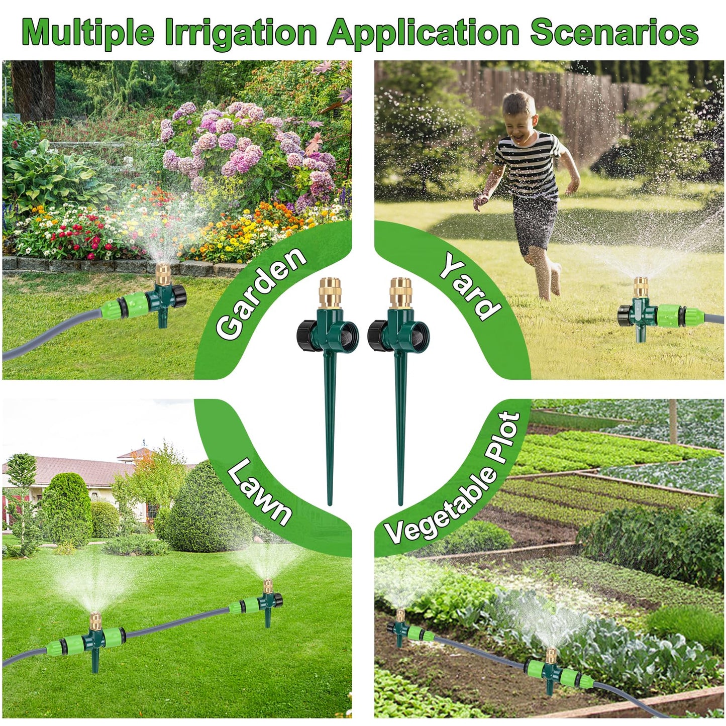 2 Pack Metal Lawn Sprinklers for Yard, Automatic Water Sprinklers with Spike Base, Adjustable Brass Sprinkler Nozzle with 360 Degree Large Area Coverage for Lawn Grass and Garden Irrigation (Green)