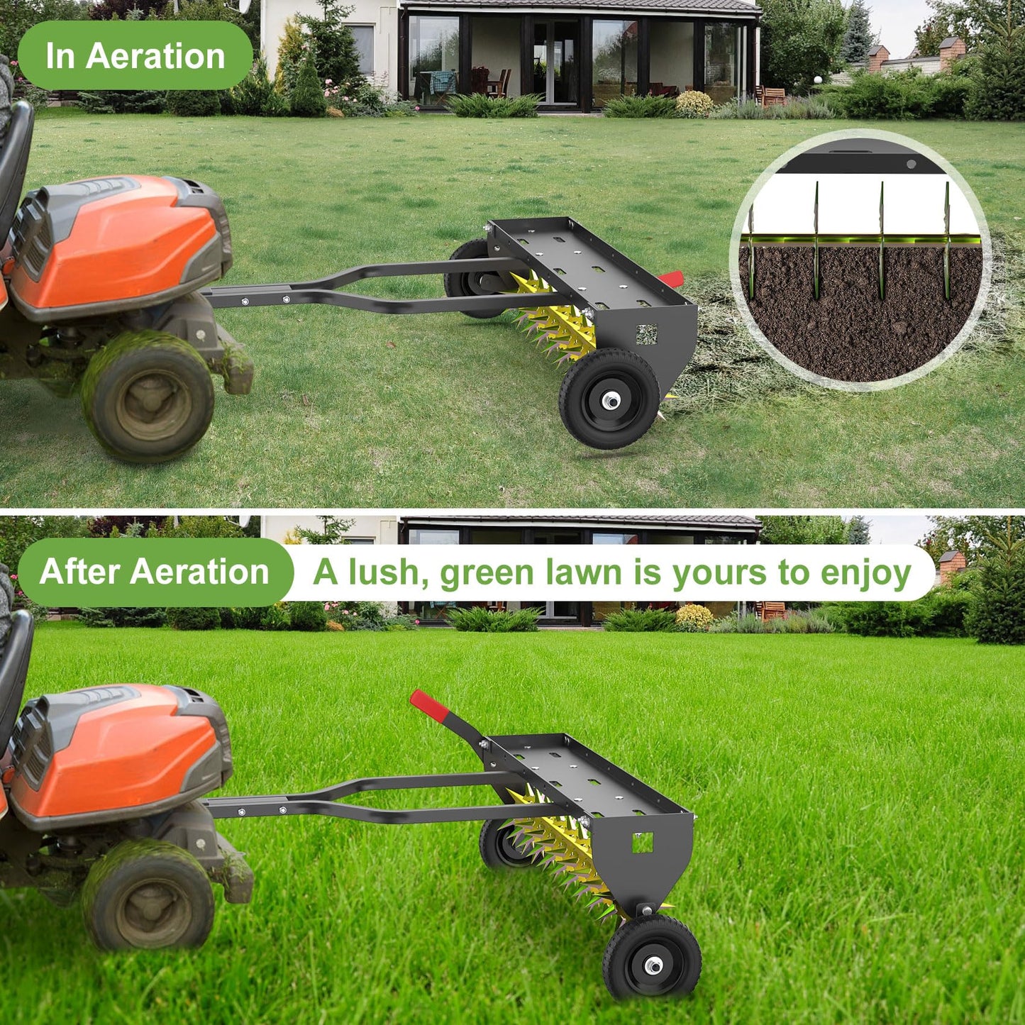 Seeutek 40 Inch Tow Behind Spike Aerator - Heavy Duty Rolling Lawn Aerator with 3D Steel Tines & Weight Tray, Extra-Wide Tow Bar Soil Penetrator Spikes Tractor with Folding Shovel for Lawn Garden Farm