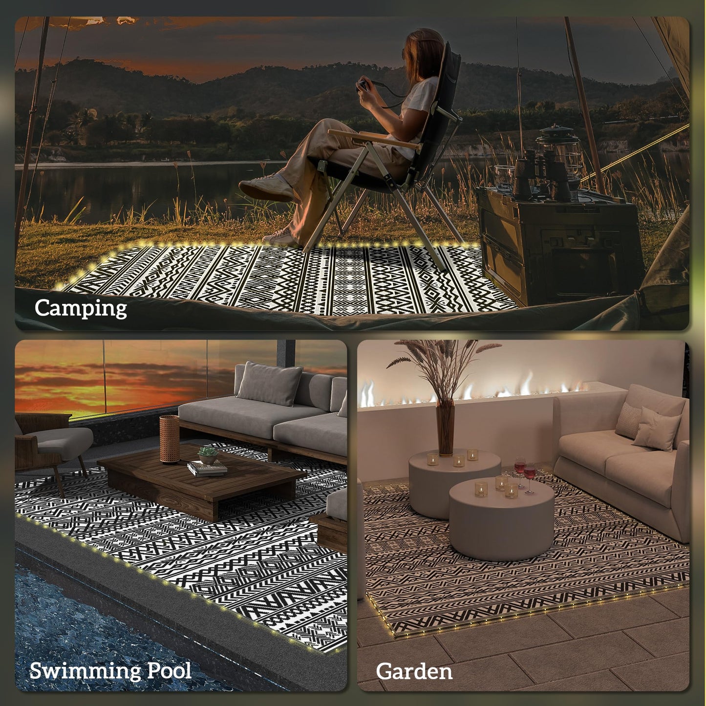 Outsunny Reversible Outdoor Rug Carpet with USB Lights, 12' x 9', Plastic Straw Rug, Patio Mat, Portable RV Camping Mat with Carry Bag