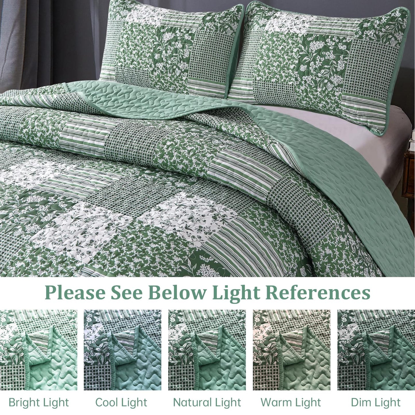 Mybedsoul Green Boho Queen Quilt Set, 3-Piece Reversible Soft Plaid Floral Bedding Set with 2 Pillow Shams - Sage Green Queen Size Quilt Bedspread Coverlet Set 90” x 96”