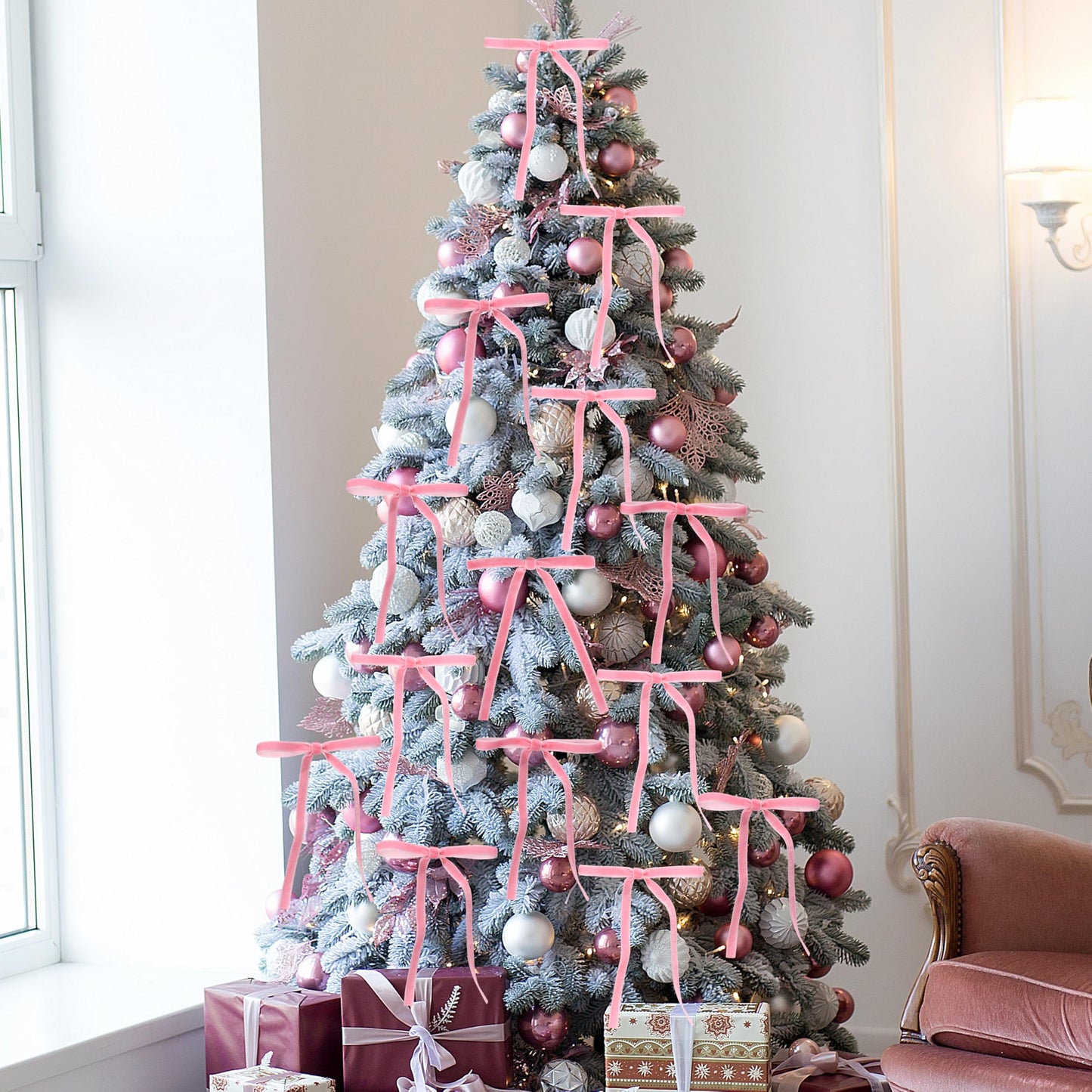 Lavwix 40Pcs Velvet Ribbon Bows, 5x7 Inch Pre-Tied Bows Christmas Ornaments for Xmas Tree, Garland, Wreath, Gift and Holiday Home Décor (5 x 7 Inch, Width of 3/8",Pink)