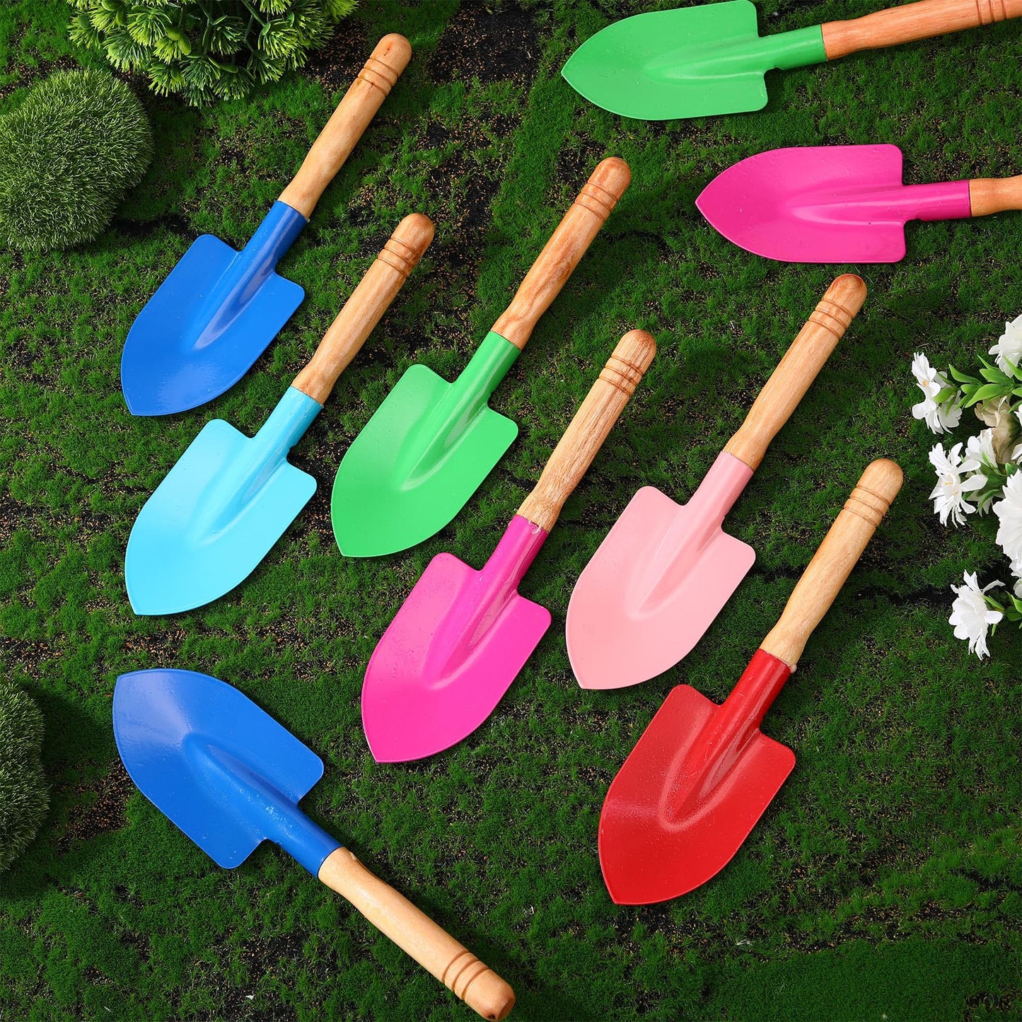 Liliful 30 Pcs Mini Gardening Shovel Colorful Metal Garden Tools with Wooden Handle Beach Shovel for Planting Loosening Digging